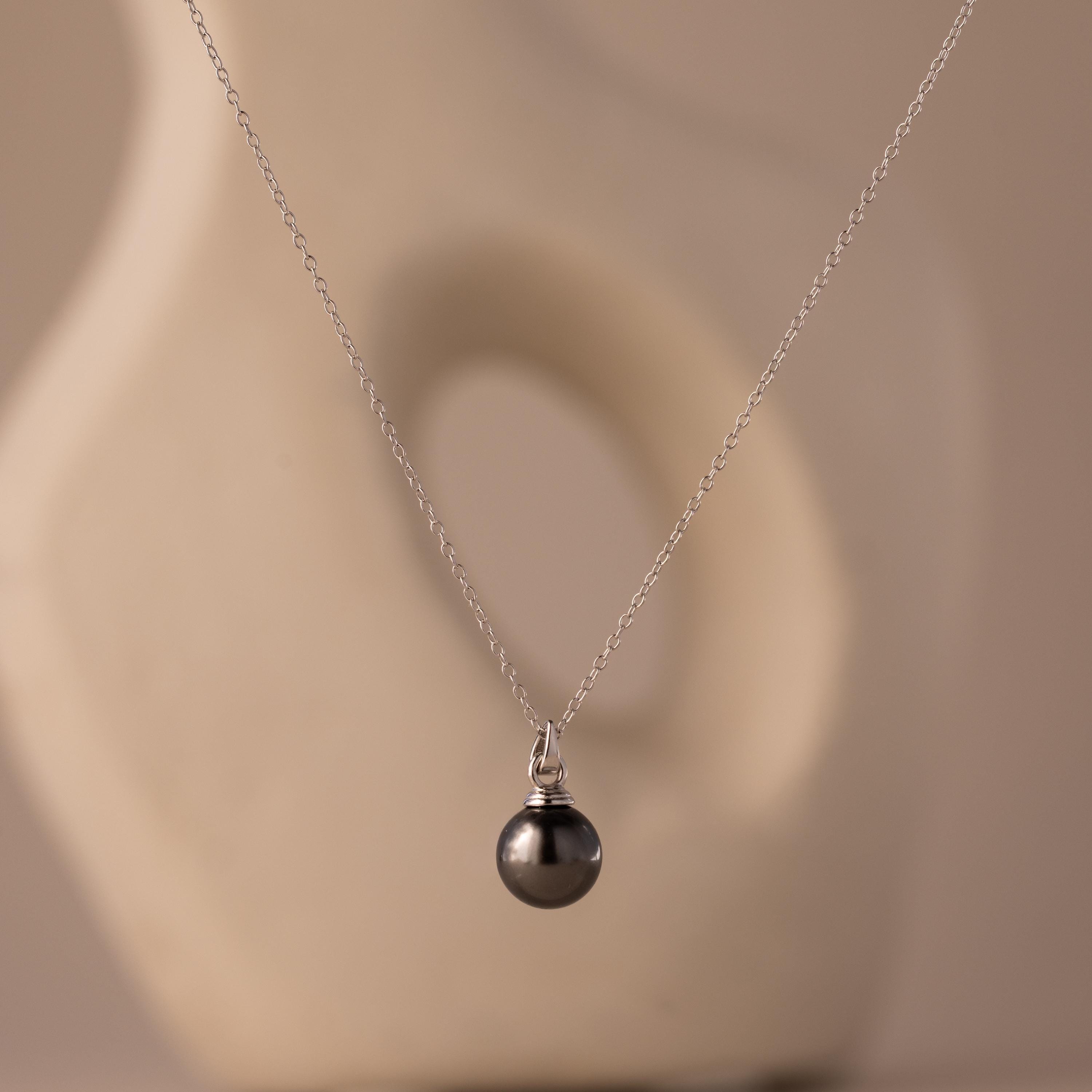 Black Pearl Drop Necklace in Sterling Silver, Adjustable Chain