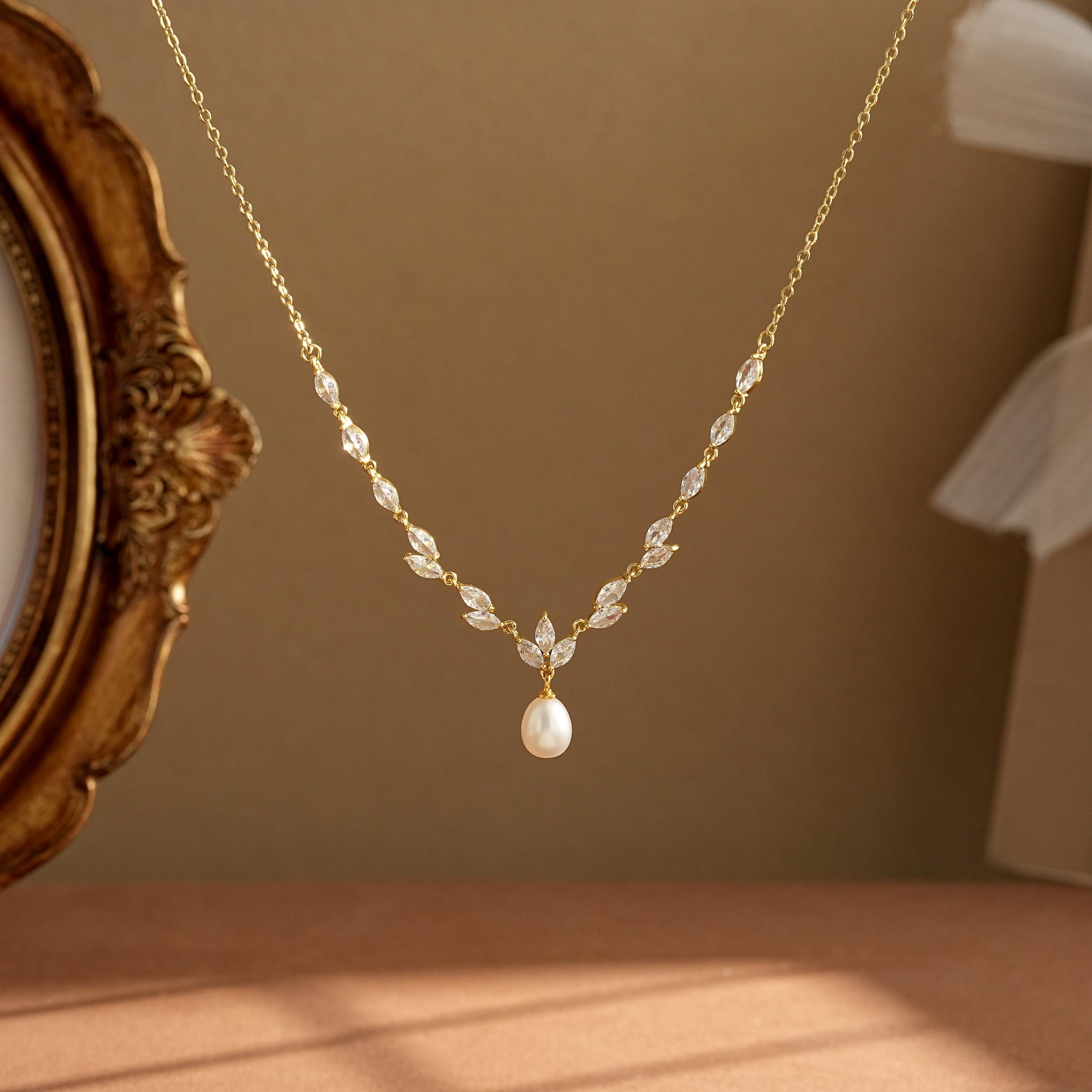 Gold Leaf and Freshwater Pearl Necklace with CZ Crystal Accent