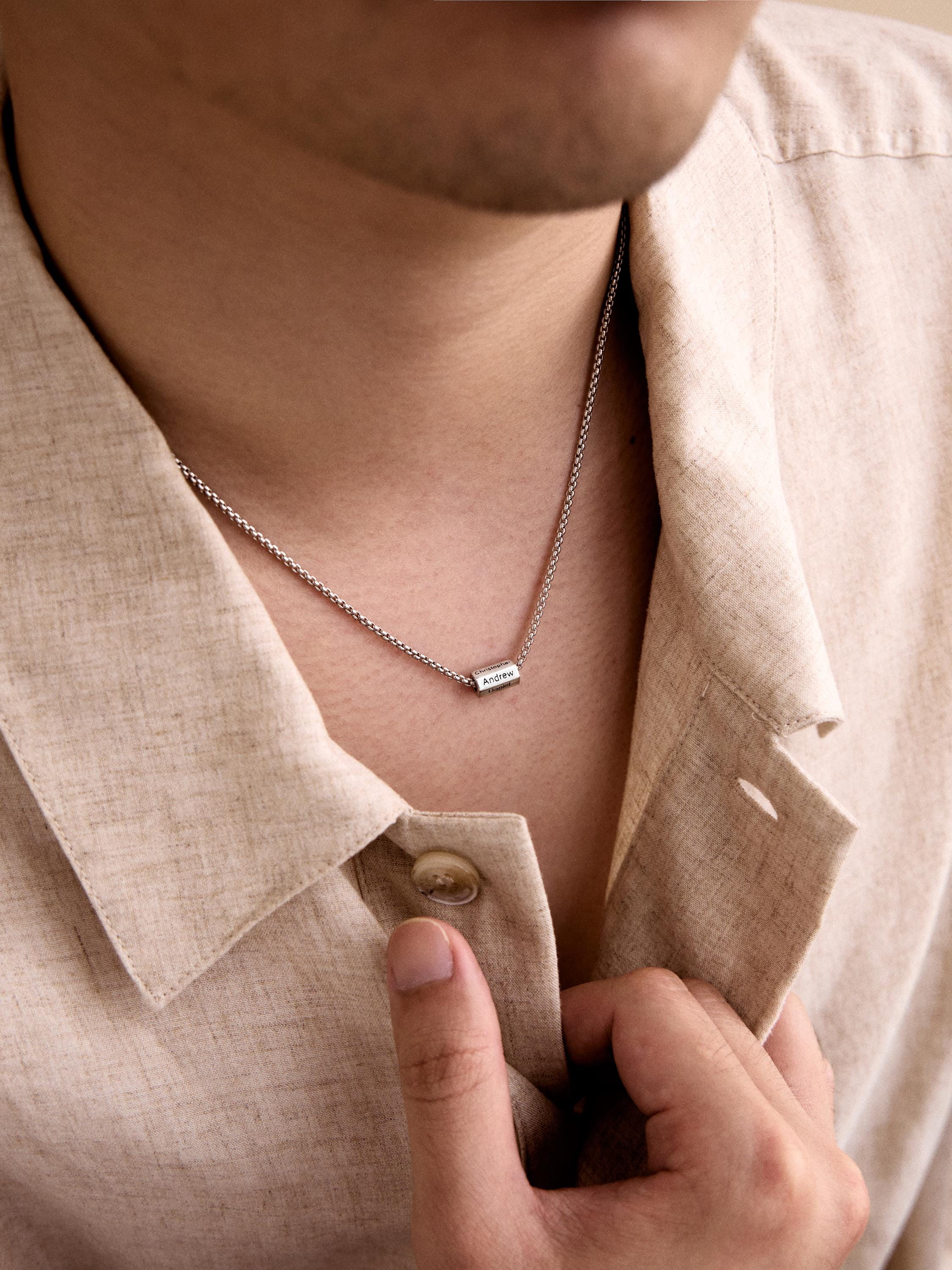 Custom Name Bar Necklace for Men with Copper Pendant and Engraved Names
