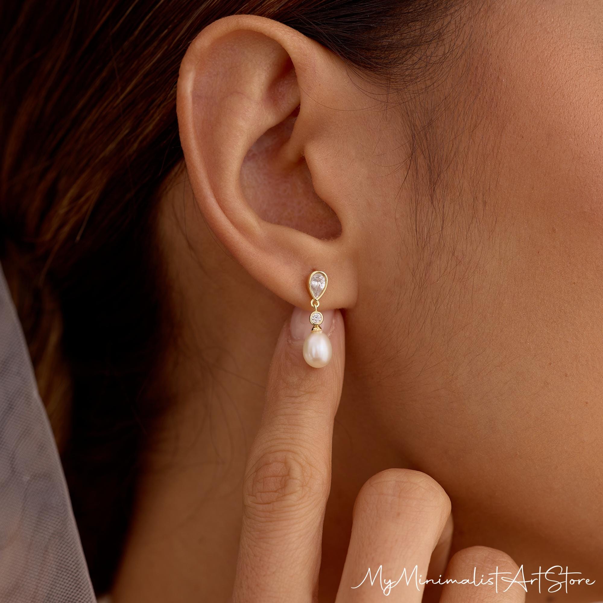 Natural Freshwater Pearl Drop Earrings with Cubic Zirconia Accents