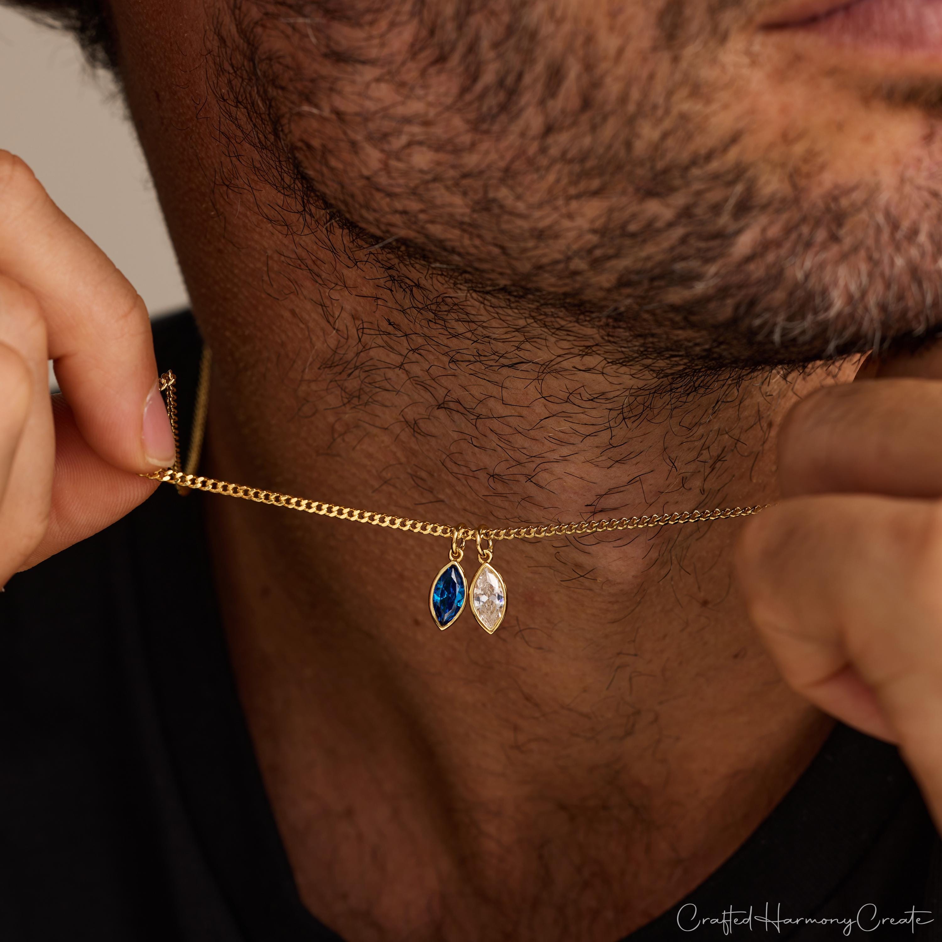 Custom Birthstone Necklace for Him with Leaf Pendant and Cubic Zirconia