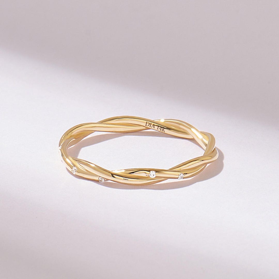 14K Solid Gold Slim Twisted Diamond Band