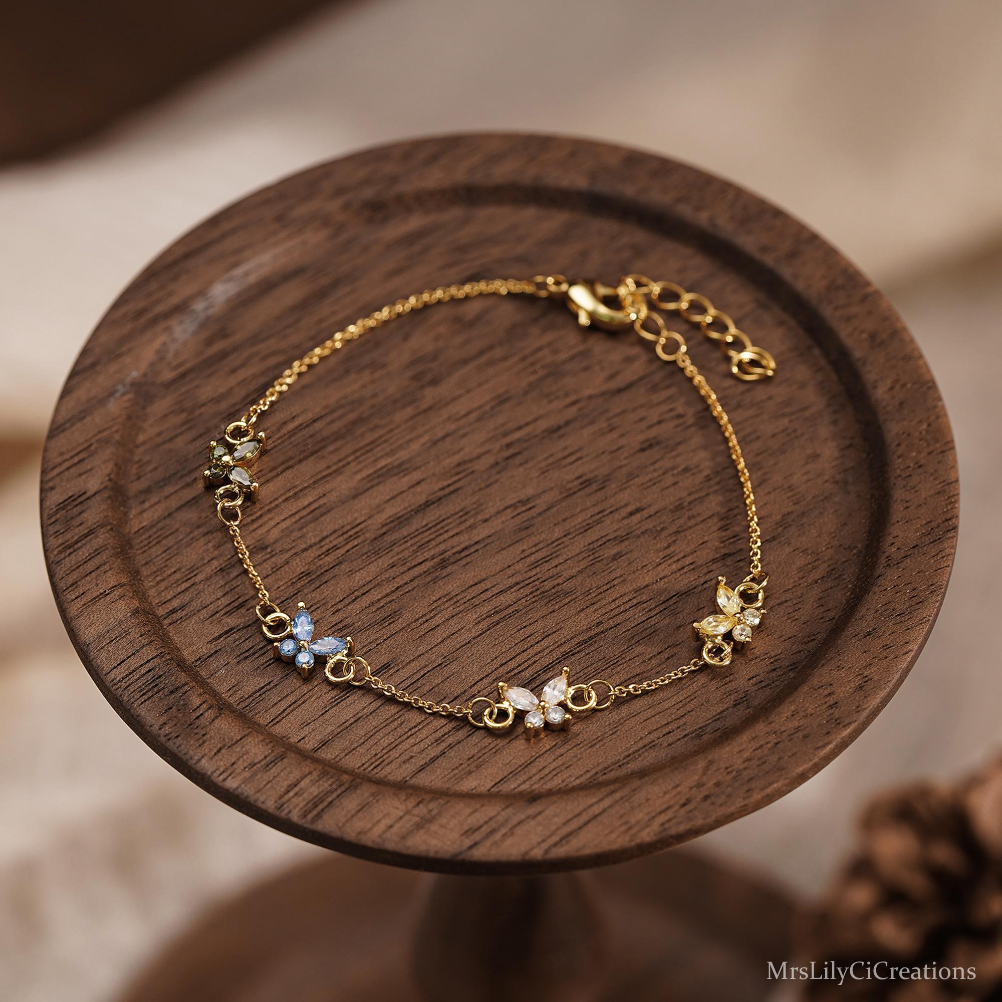 Custom Butterfly Birthstone Bracelet in Silver or 18K Gold Plate