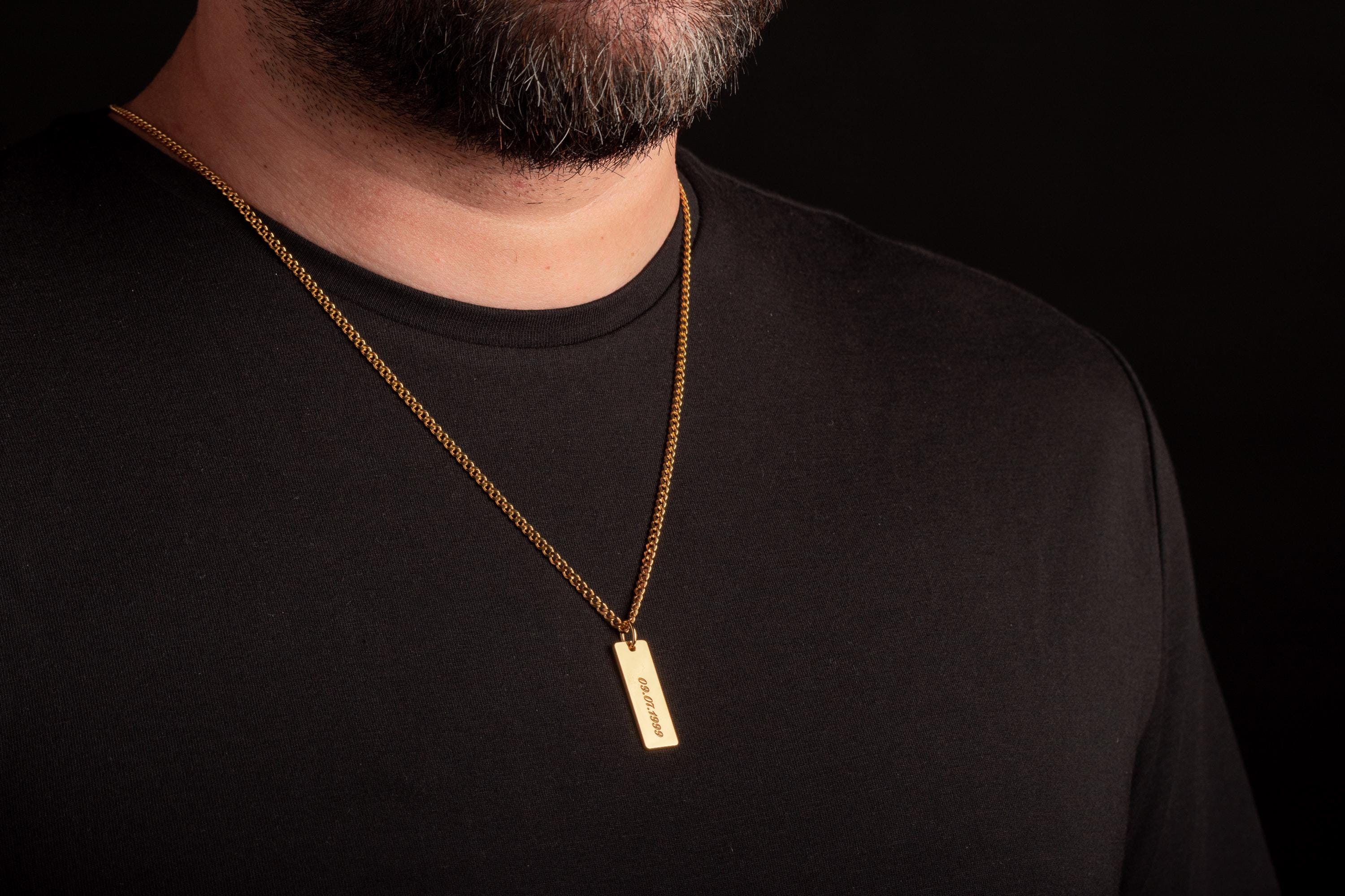 Engraved Sterling Silver Bar Necklace for Men with Curb Chain
