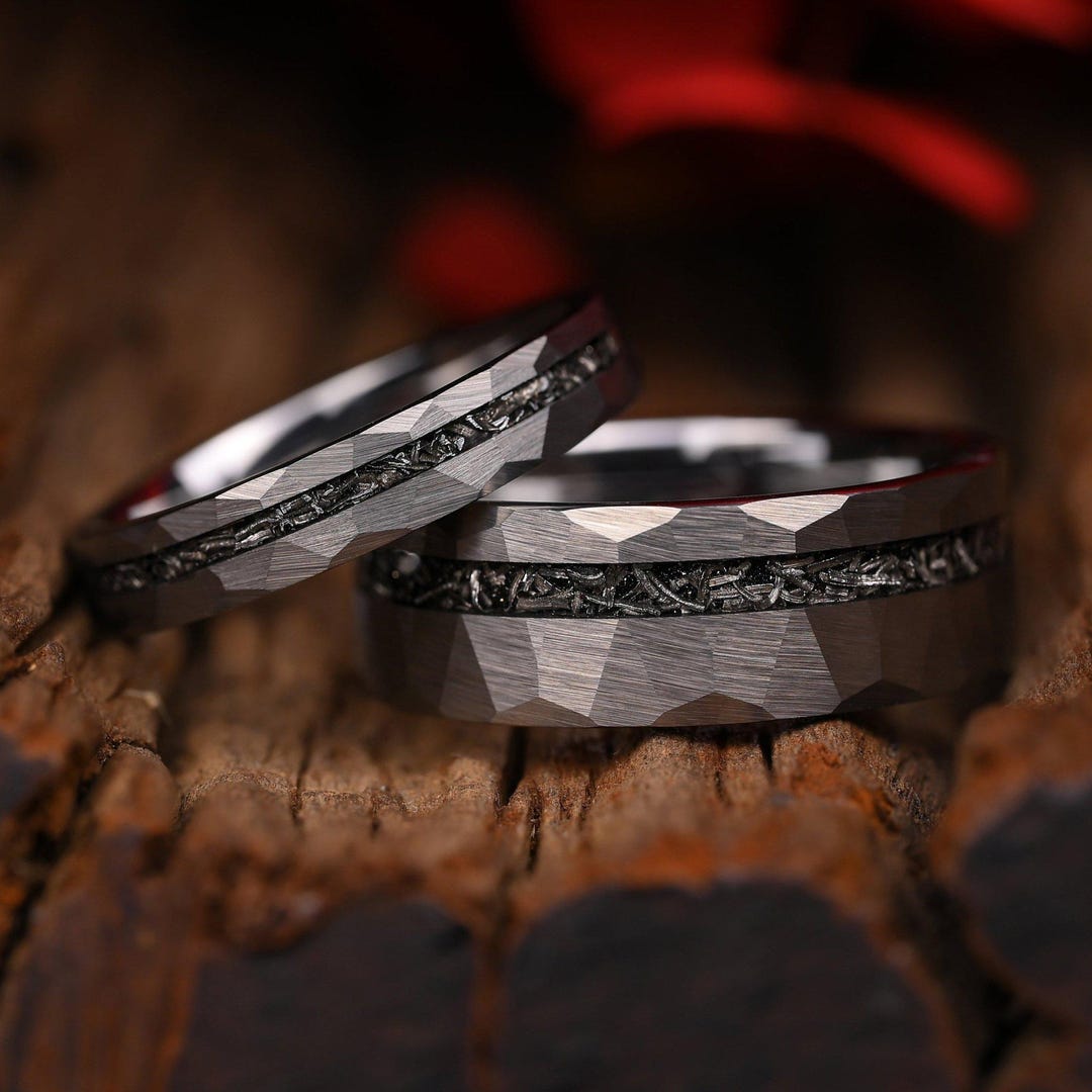 Hammered Meteorite Tungsten Couple Ring Set, 8mm and 4mm