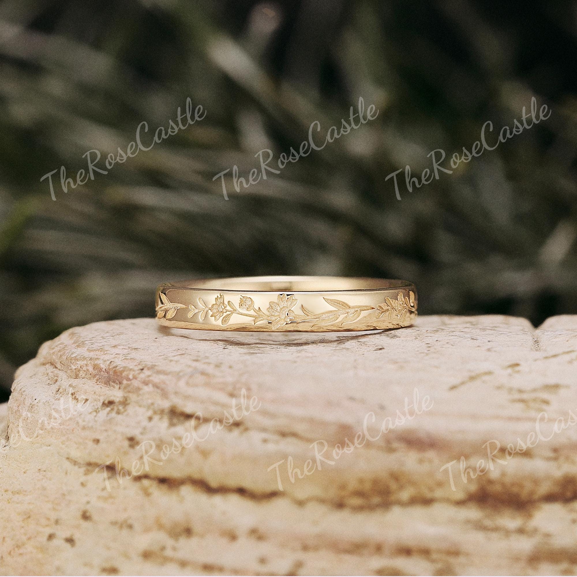 Hand-Engraved Birth Flower Wedding Band, 3mm Art Deco