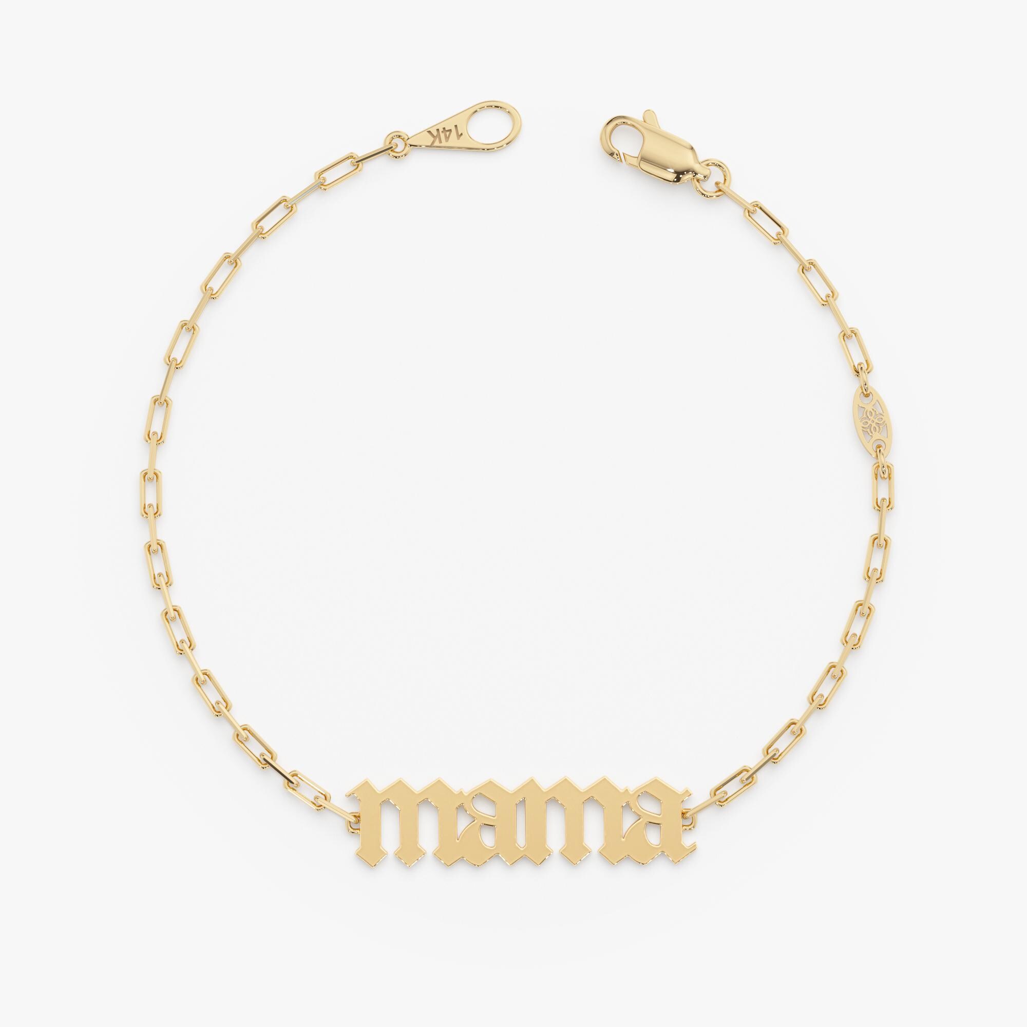 14K Gold Mama Bracelet with an Old English Charm on a Paperclip Chain
