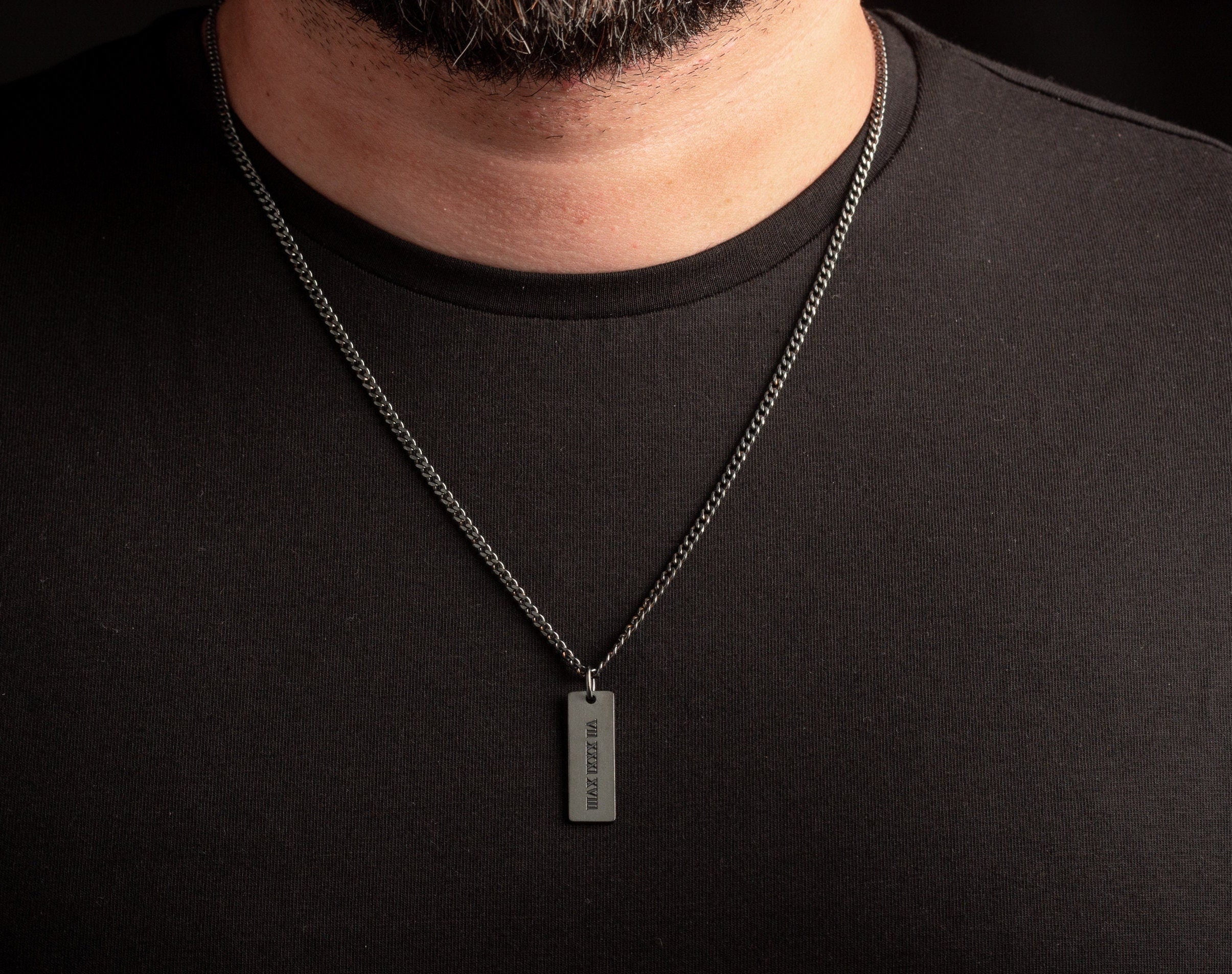 Engraved Sterling Silver Bar Necklace for Men with Curb Chain