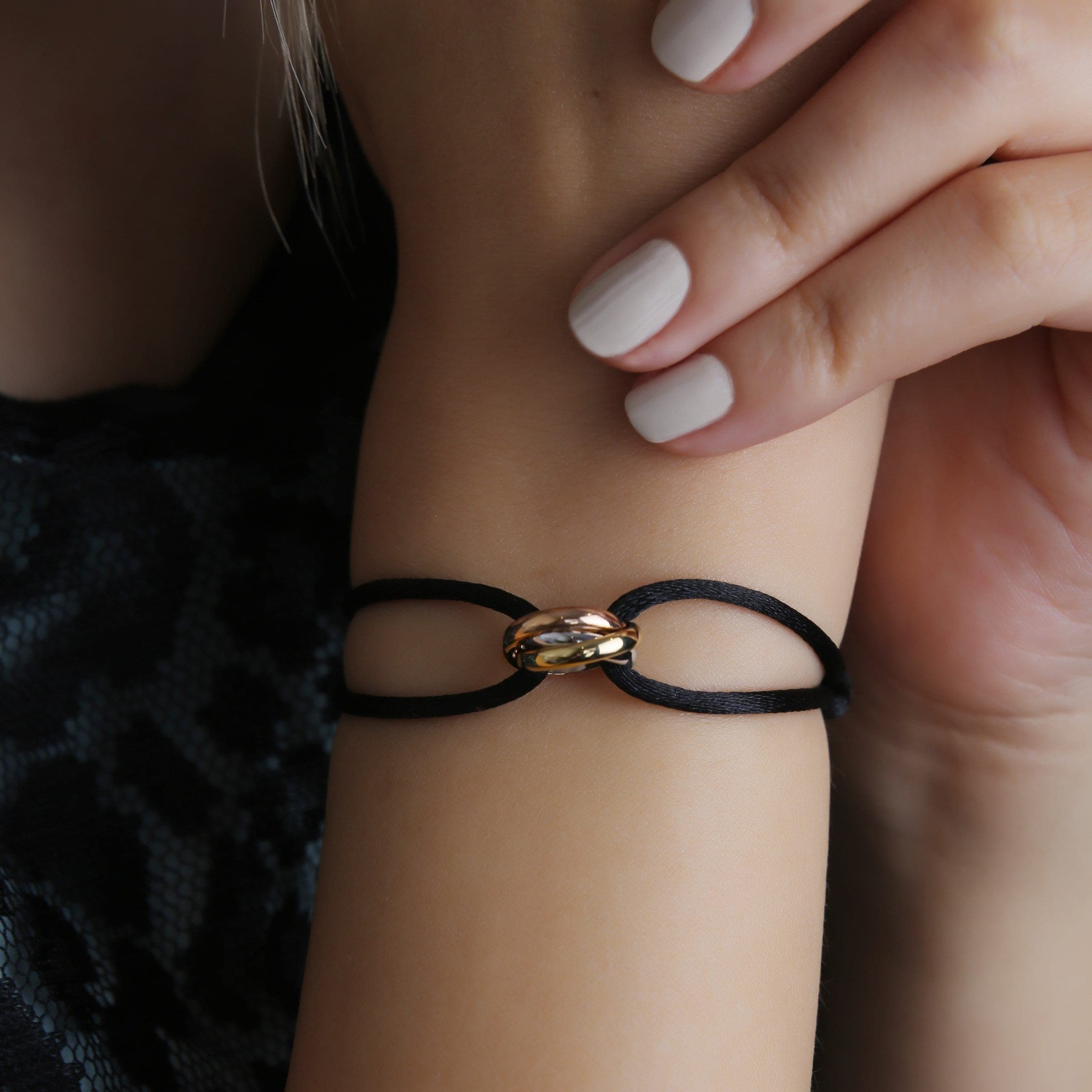 Adjustable Trinity Bracelet with Three Stainless Steel Rings on Silk Cord