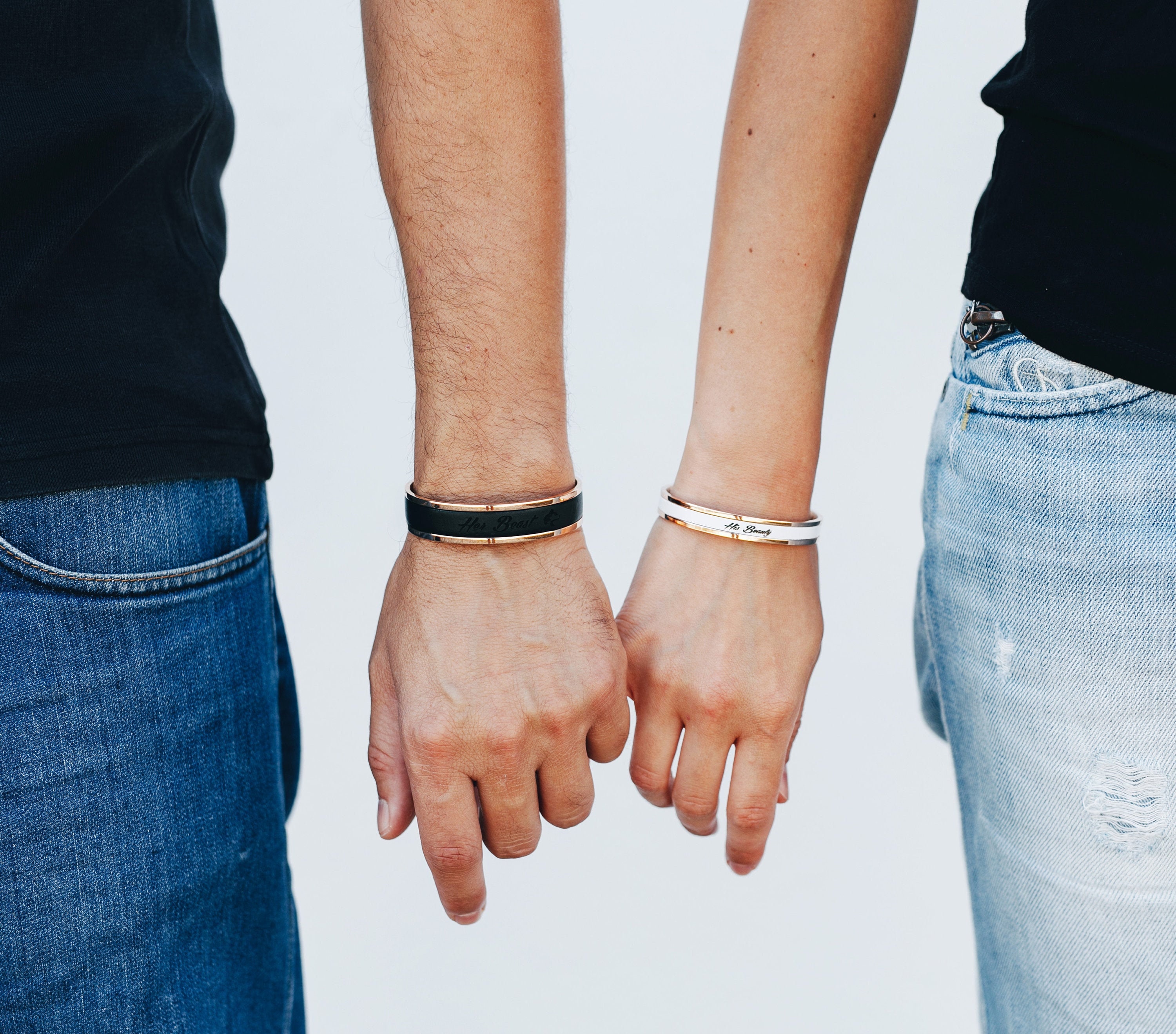 Personalized Leather and Stainless Steel Couple Cuff Bracelet Set