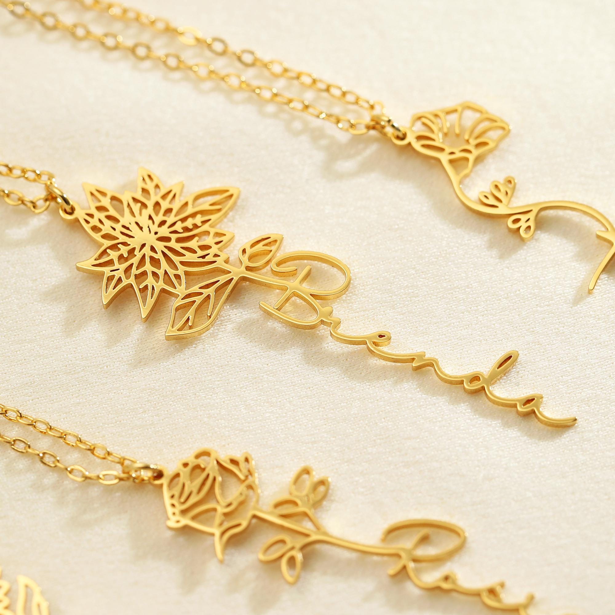 Personalized Name Necklace with Birth Flower Charm