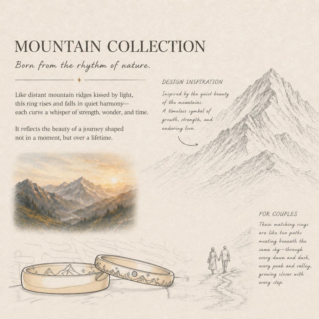 Mountain Wedding Ring Set in Gold with Moissanite