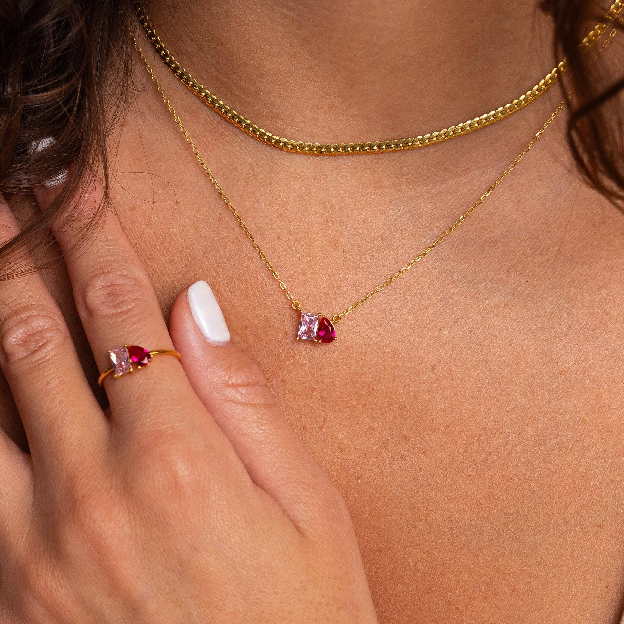 Toi et Moi Birthstone Necklace with Emerald and Pear Cut Stones