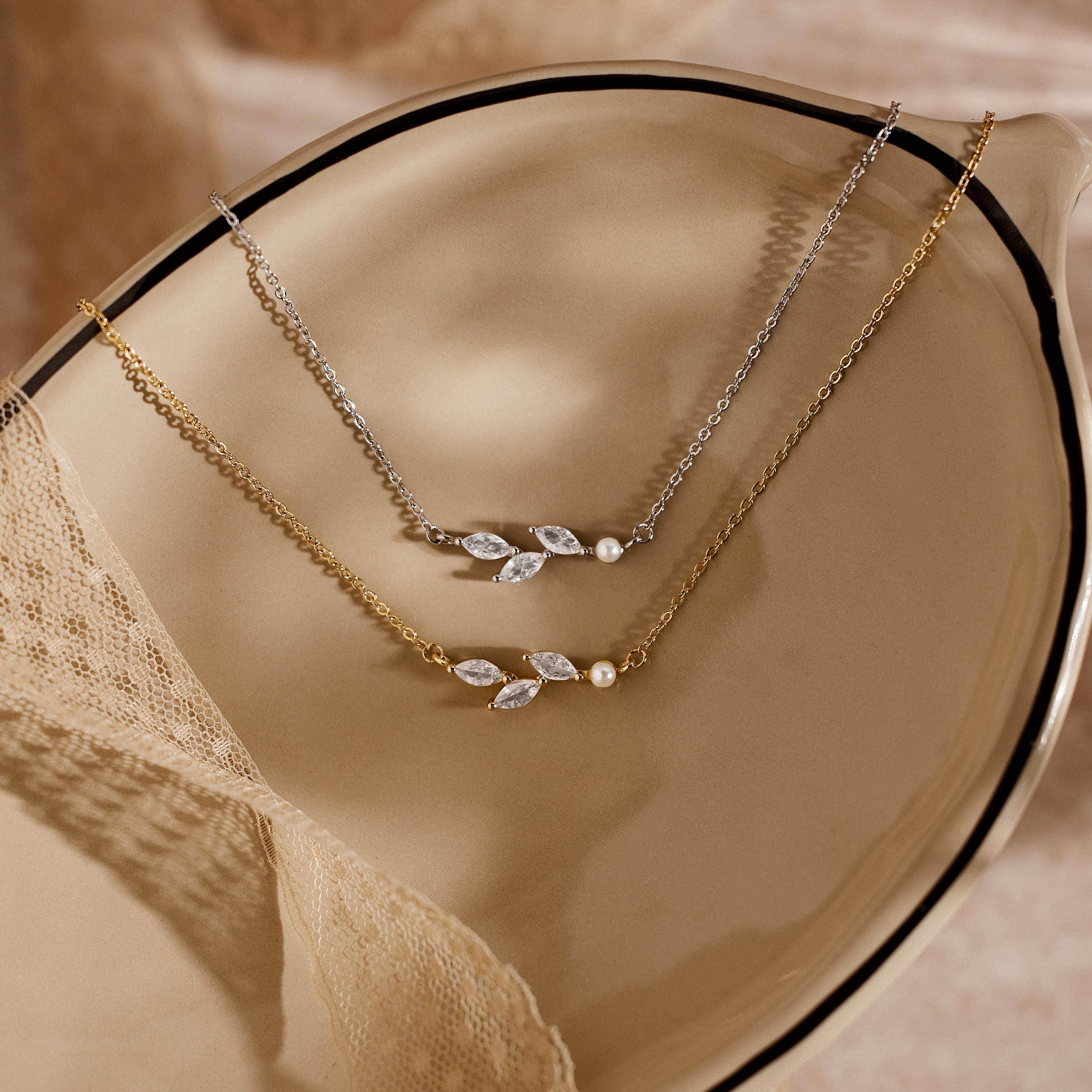 Pearl Leaf Necklace with CZ Stones, Olive Branch Design