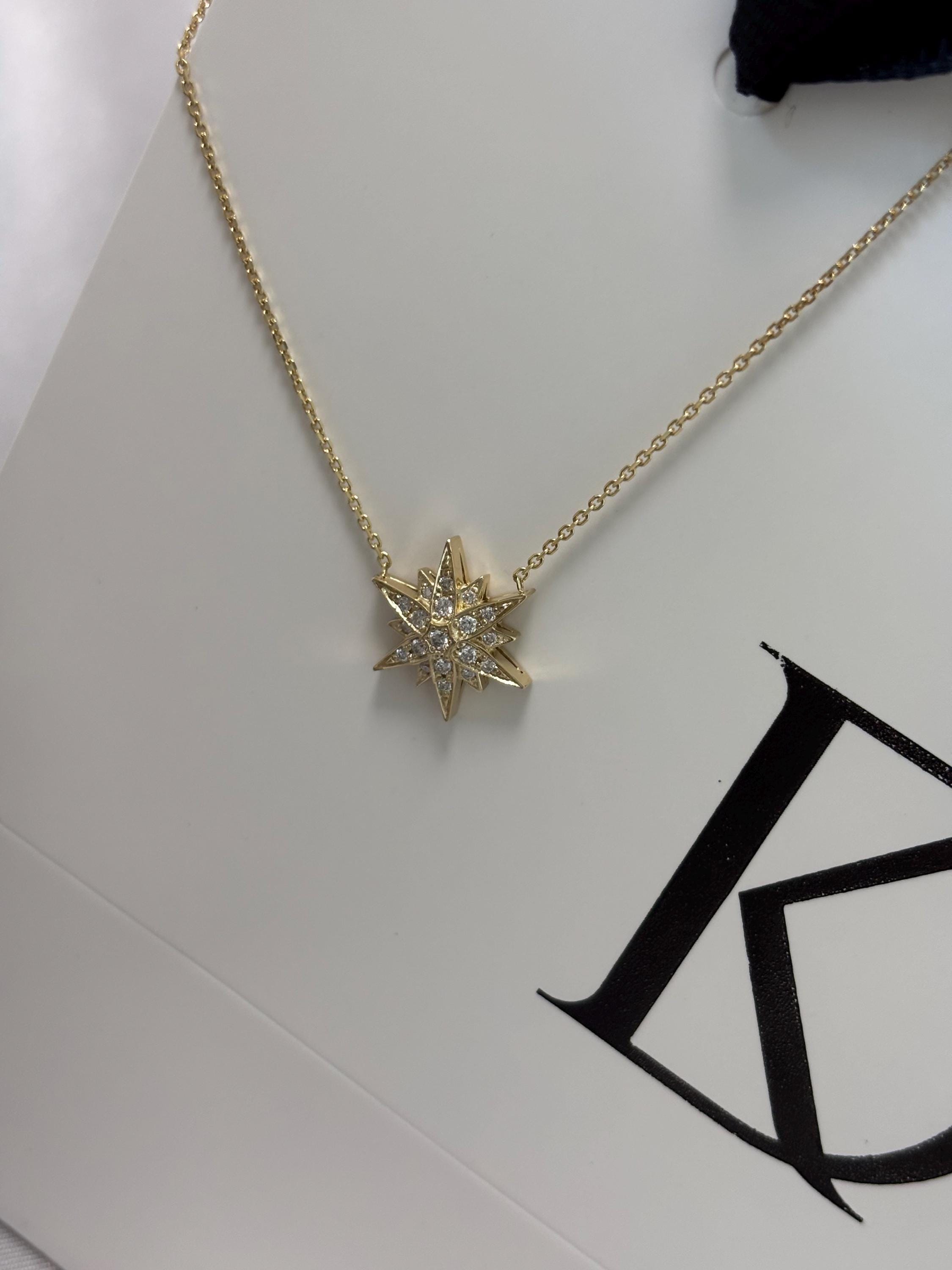 14K Solid Gold Starburst Diamond Pendant Necklace
