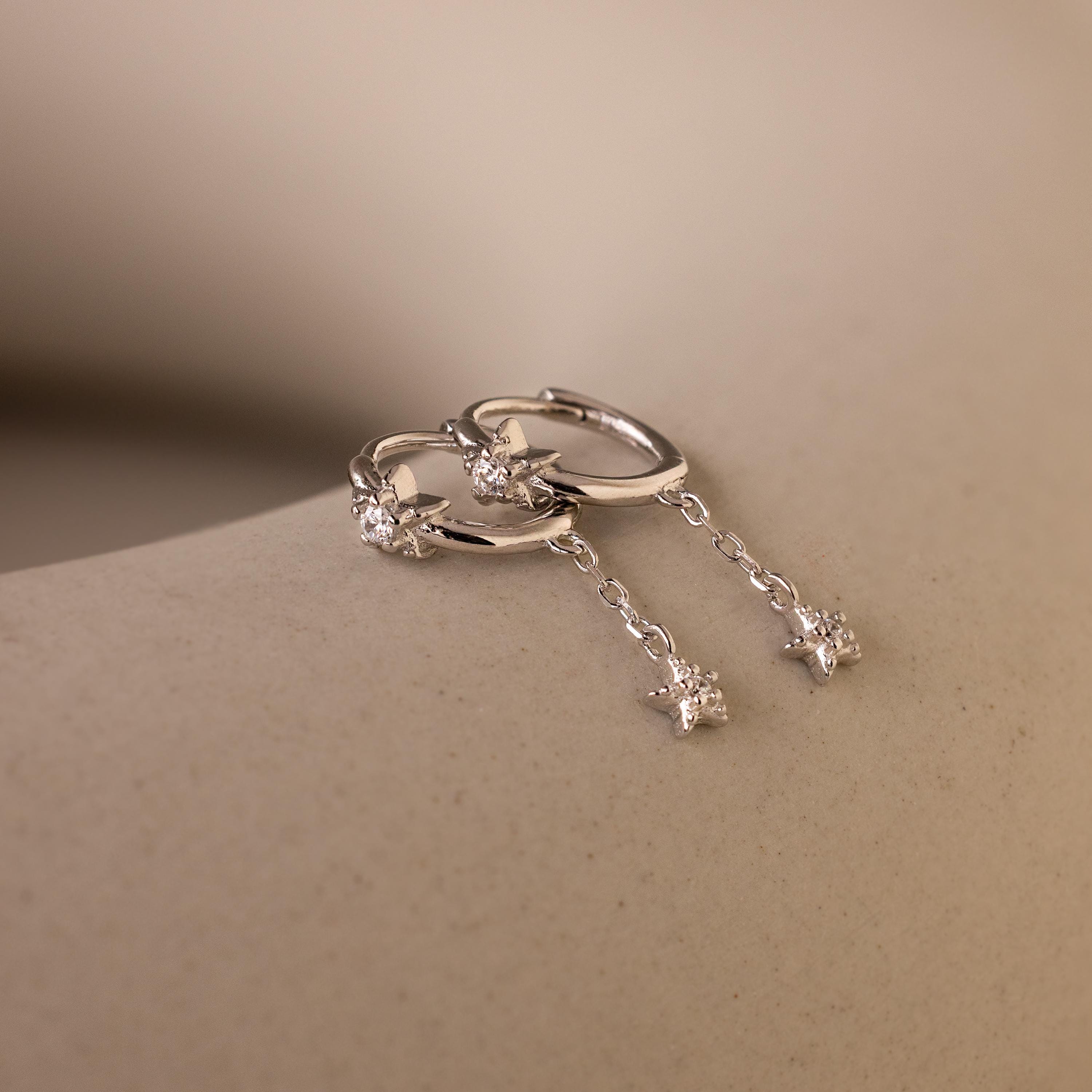 Star Drop Chain Huggie Earrings in 18K Gold Over Brass