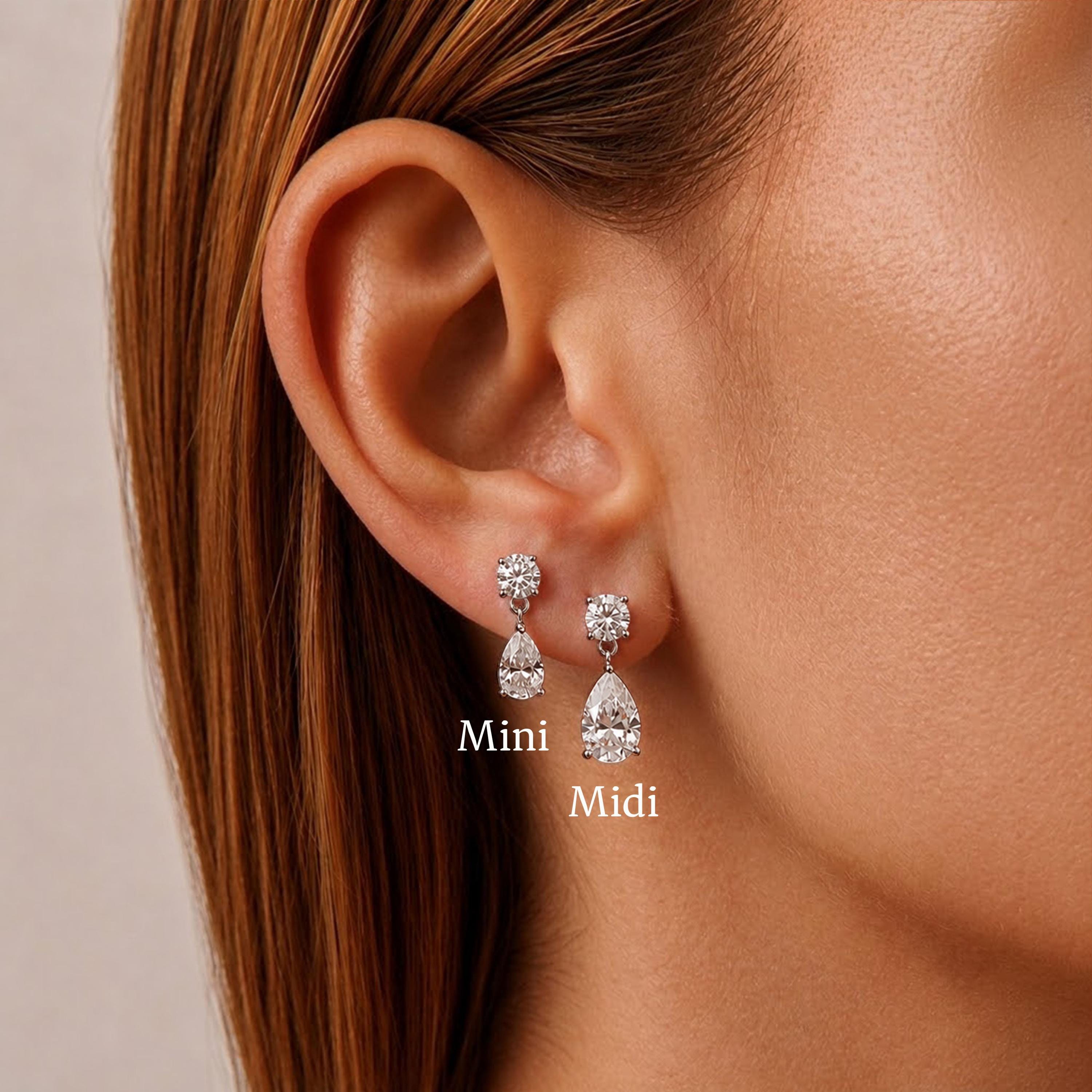 Certified Moissanite Double Drop Earrings with a Round Stud and Pear Drop
