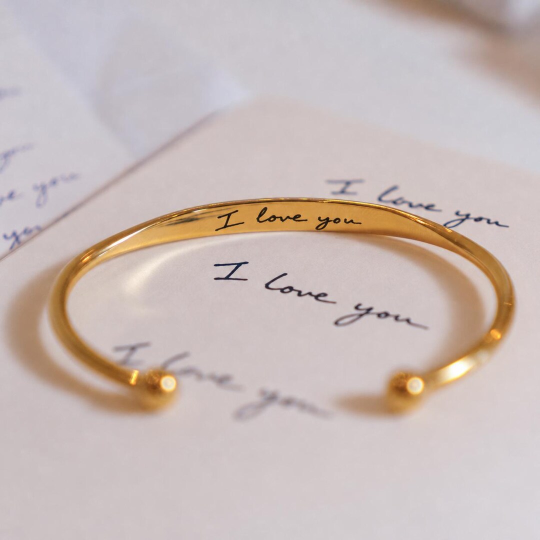Women's Real Handwriting Torque Bangle in 18K Gold, Silver or Stainless Steel