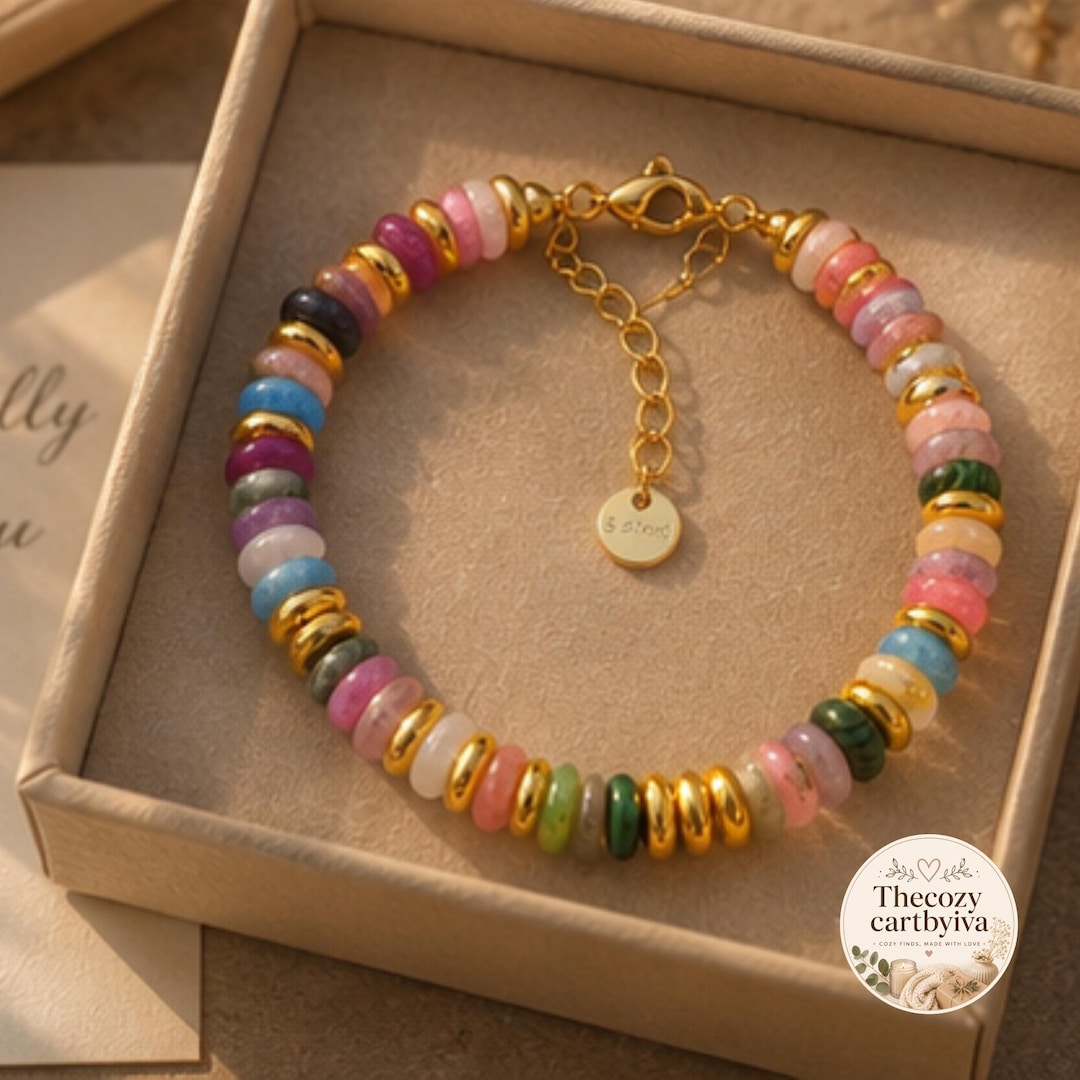 Boho Colorful Gemstone Beaded Bracelet with Gold-Tone Accents