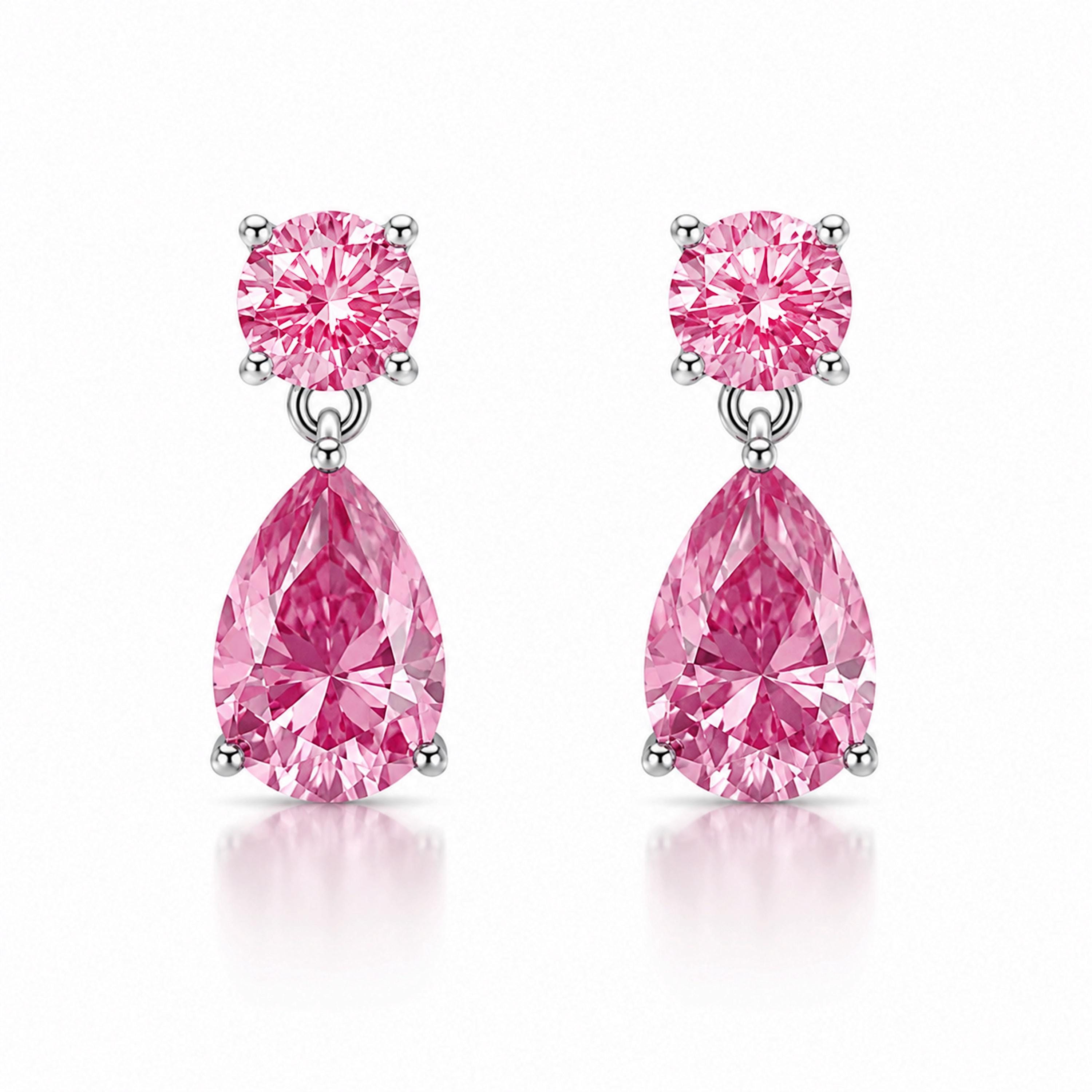Certified Moissanite Double Drop Earrings with a Round Stud and Pear Drop