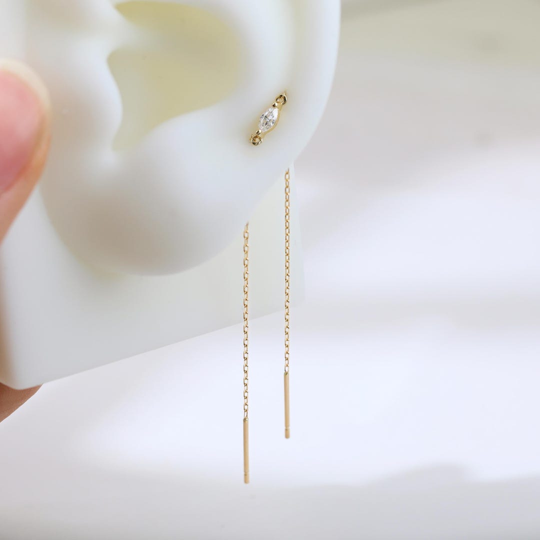 14K Solid Gold Moissanite Chain Threader Earring for Cartilage and Lobe