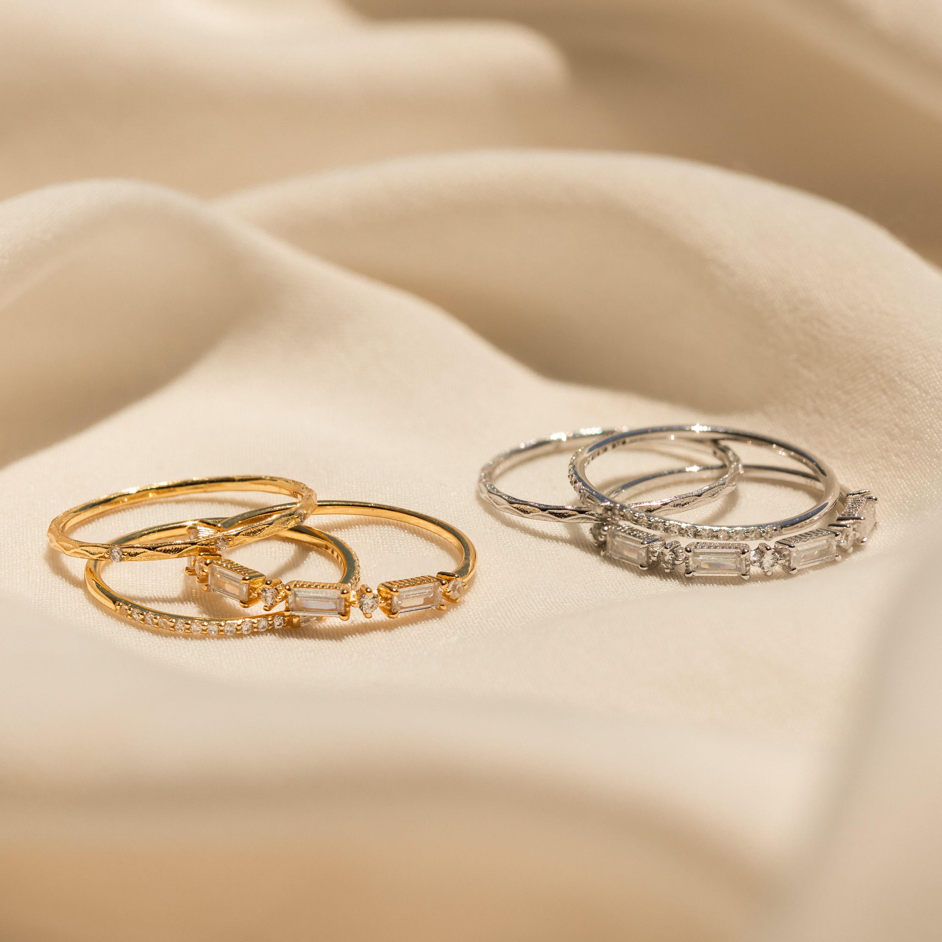 Diamond CZ Ring Set of 3 Dainty Stacking Bands