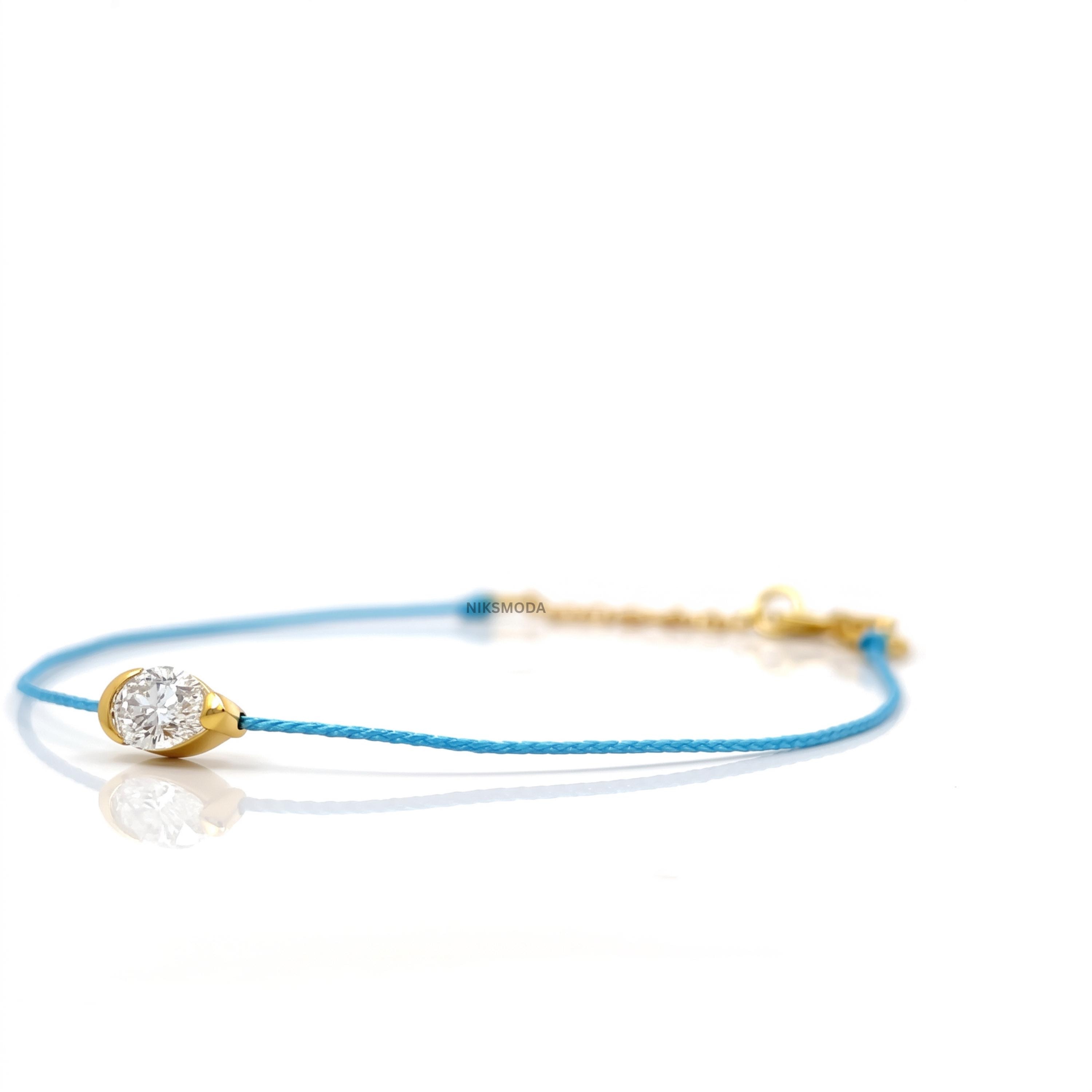 Pear Cut Lab Grown Diamond Bracelet in 925 Sterling Silver with Light Blue Cord
