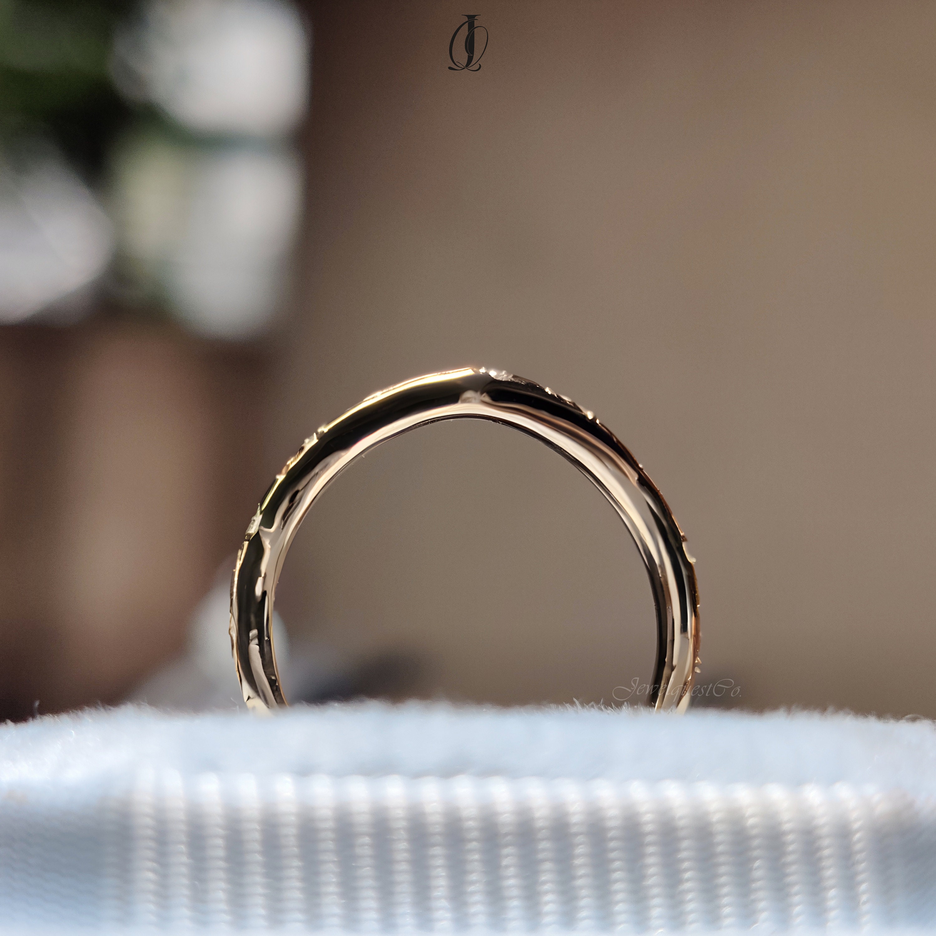 Chevron Leaf Moissanite Wedding Band in Solid Gold with Vine Engraving