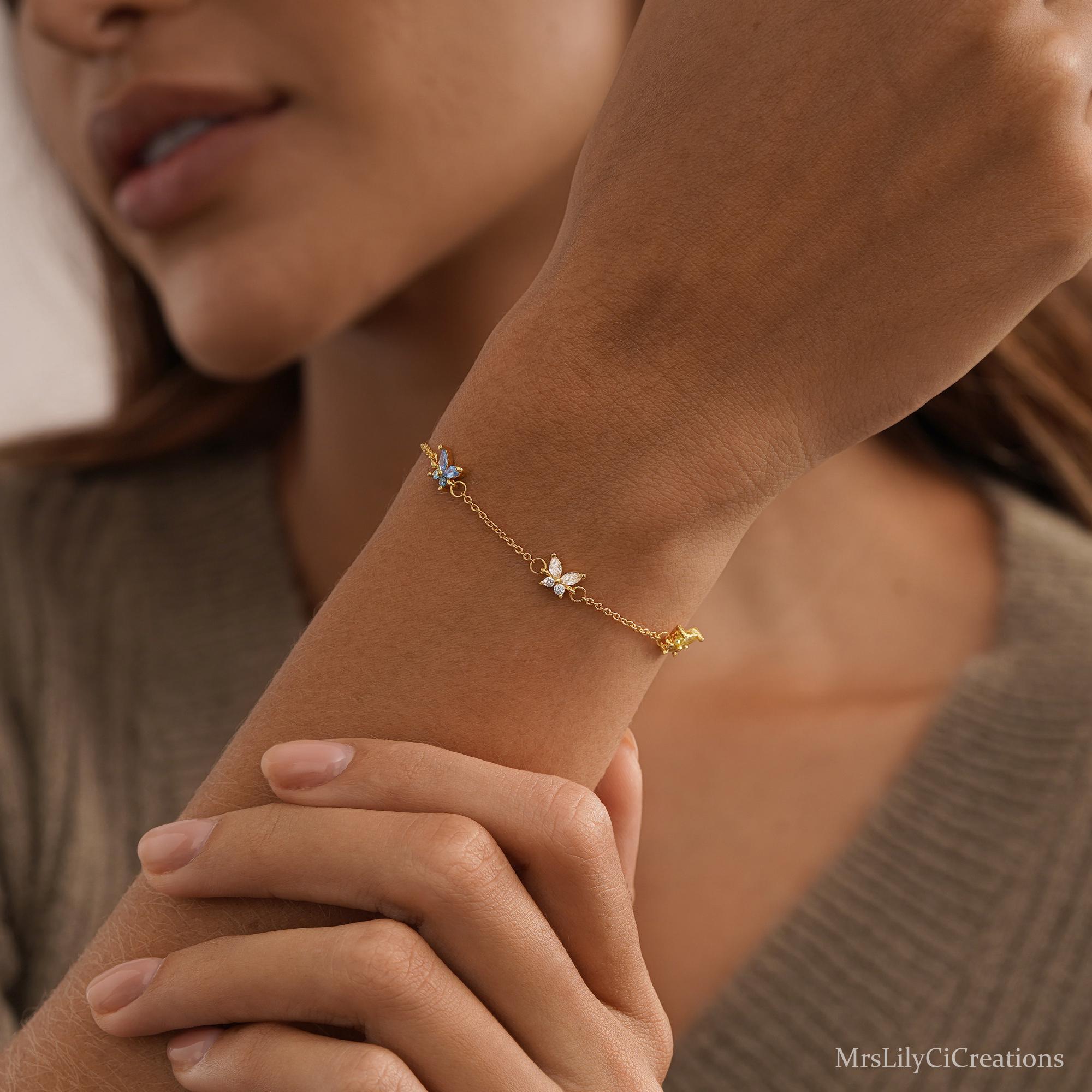 Custom Butterfly Birthstone Bracelet in Silver or 18K Gold Plate