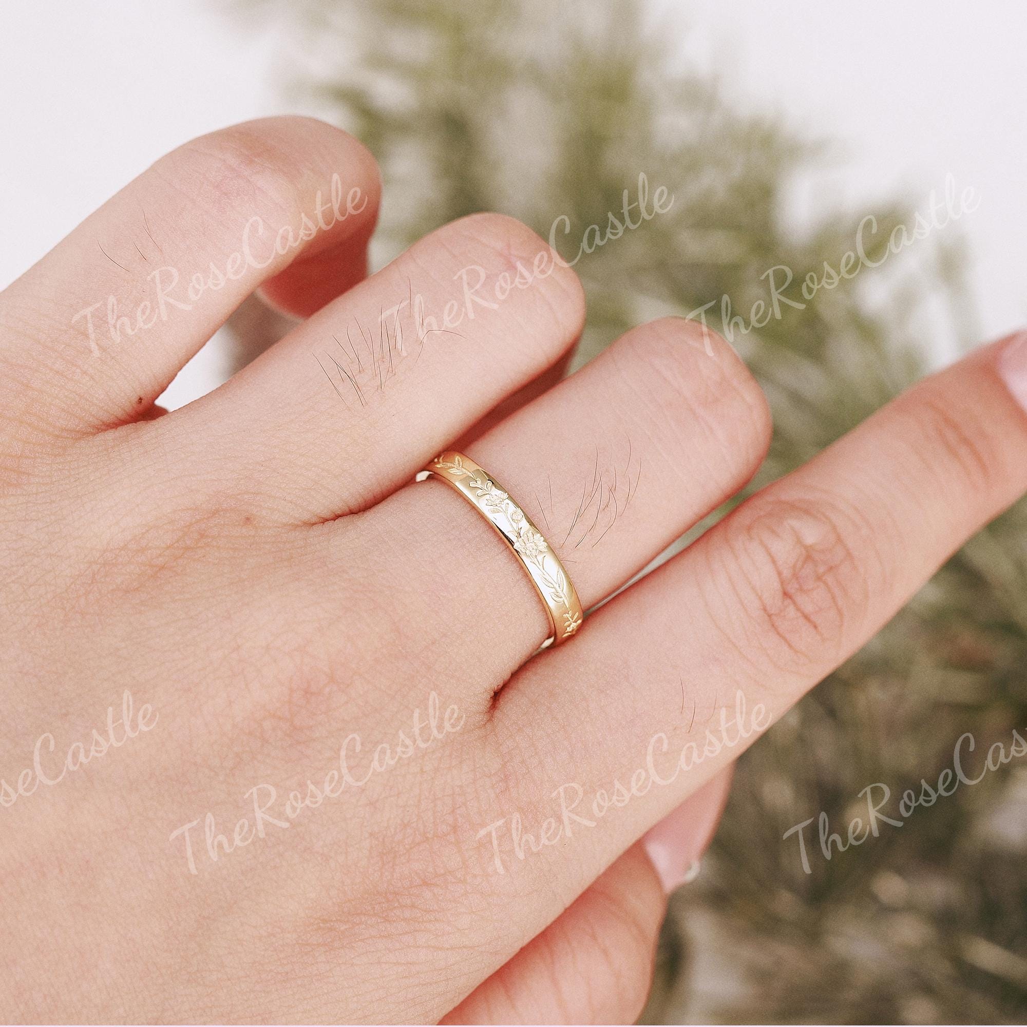 Hand-Engraved Birth Flower Wedding Band, 3mm Art Deco