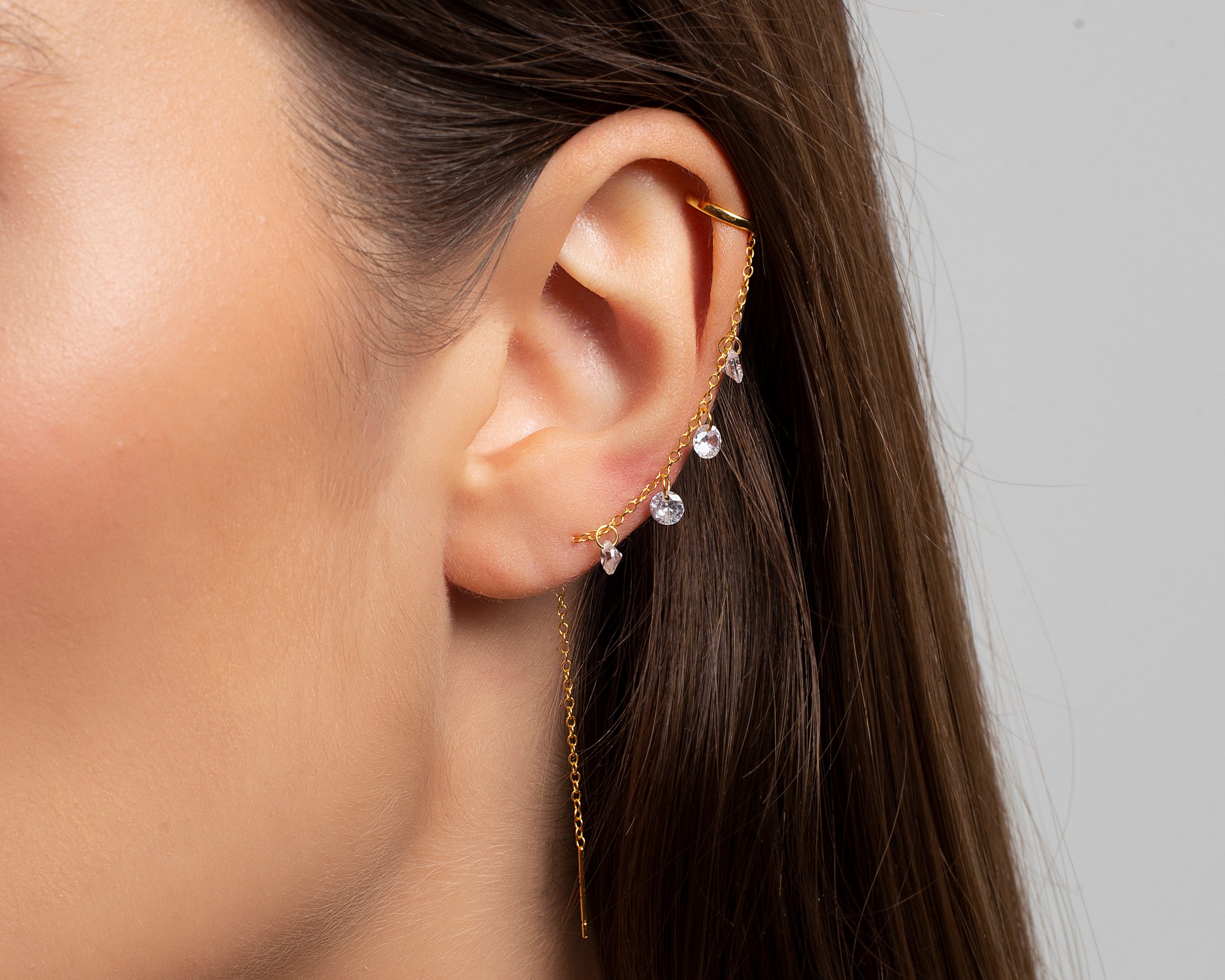 Threader Earring with Ear Cuff and Four Dangling CZ Stones