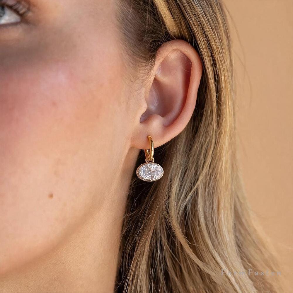 Floating Oval Cubic Zirconia Drop Huggie Earrings in Gold or Silver