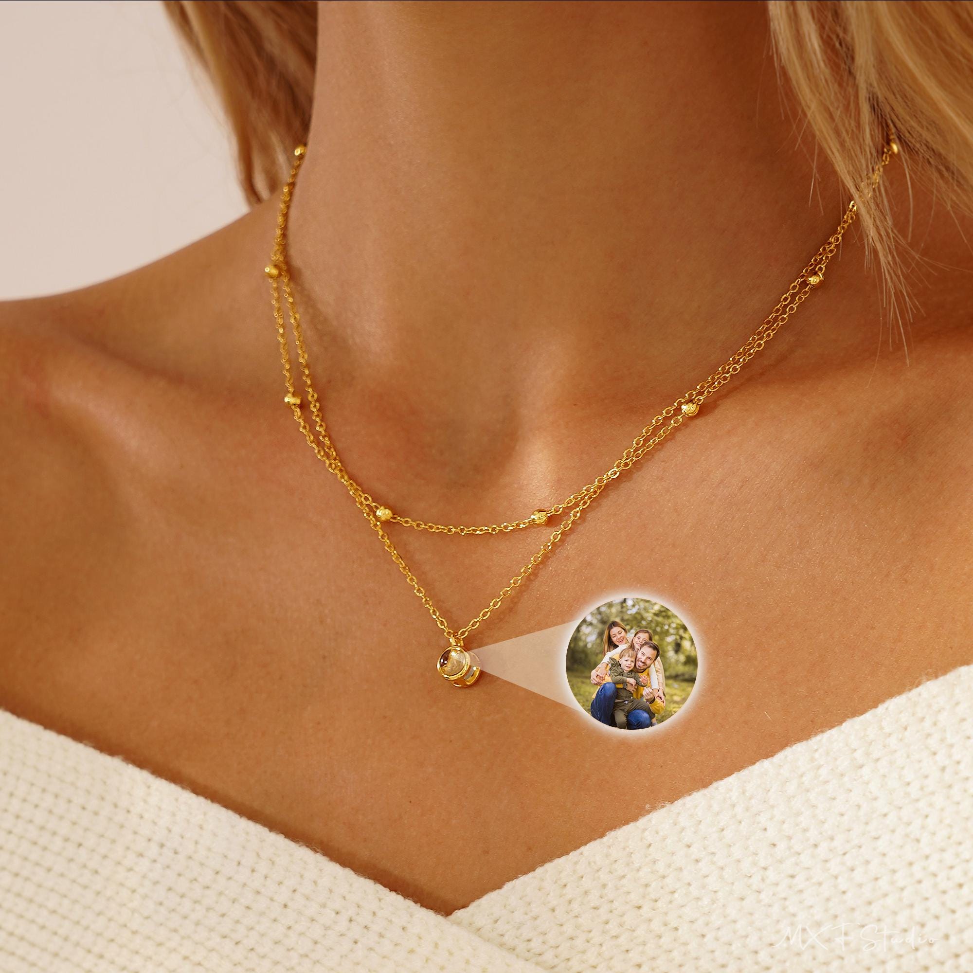 Double Chain Photo Projection Necklace with Layered Copper Pendant