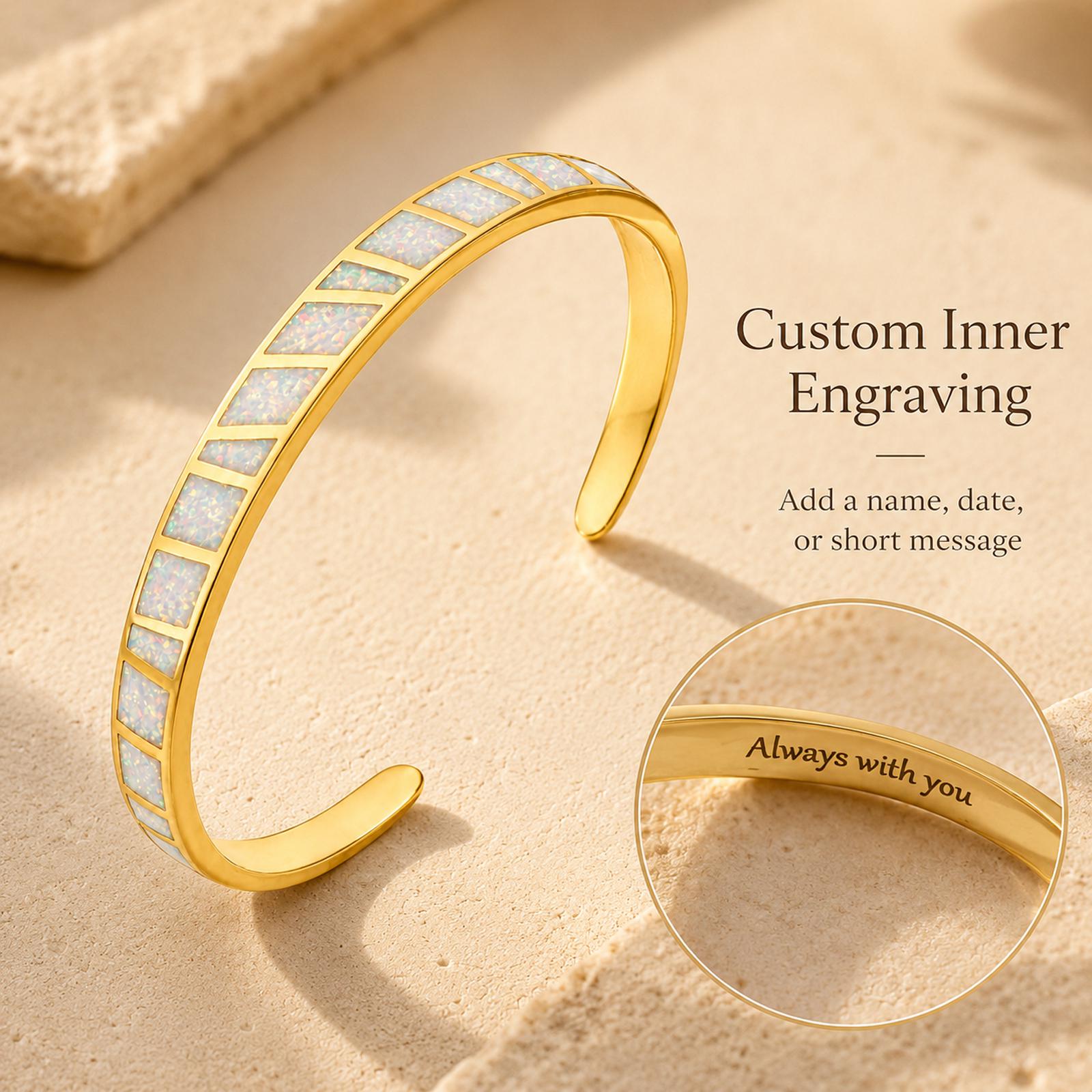 Opal Cuff Bracelet with Custom Engraving in Gold Plated Finish