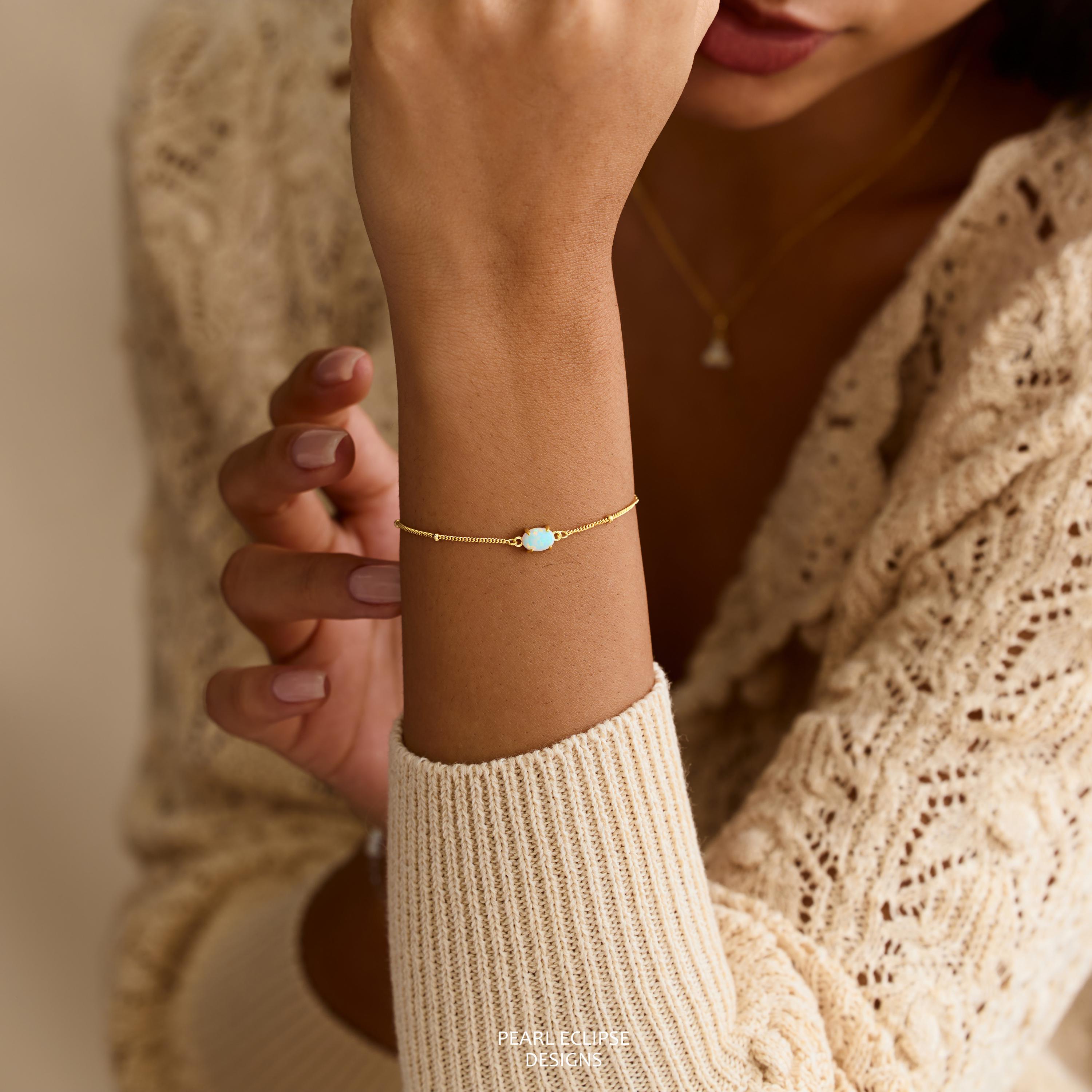 Dainty Natural Opal Bracelet on a Minimalist Gold Beaded Chain
