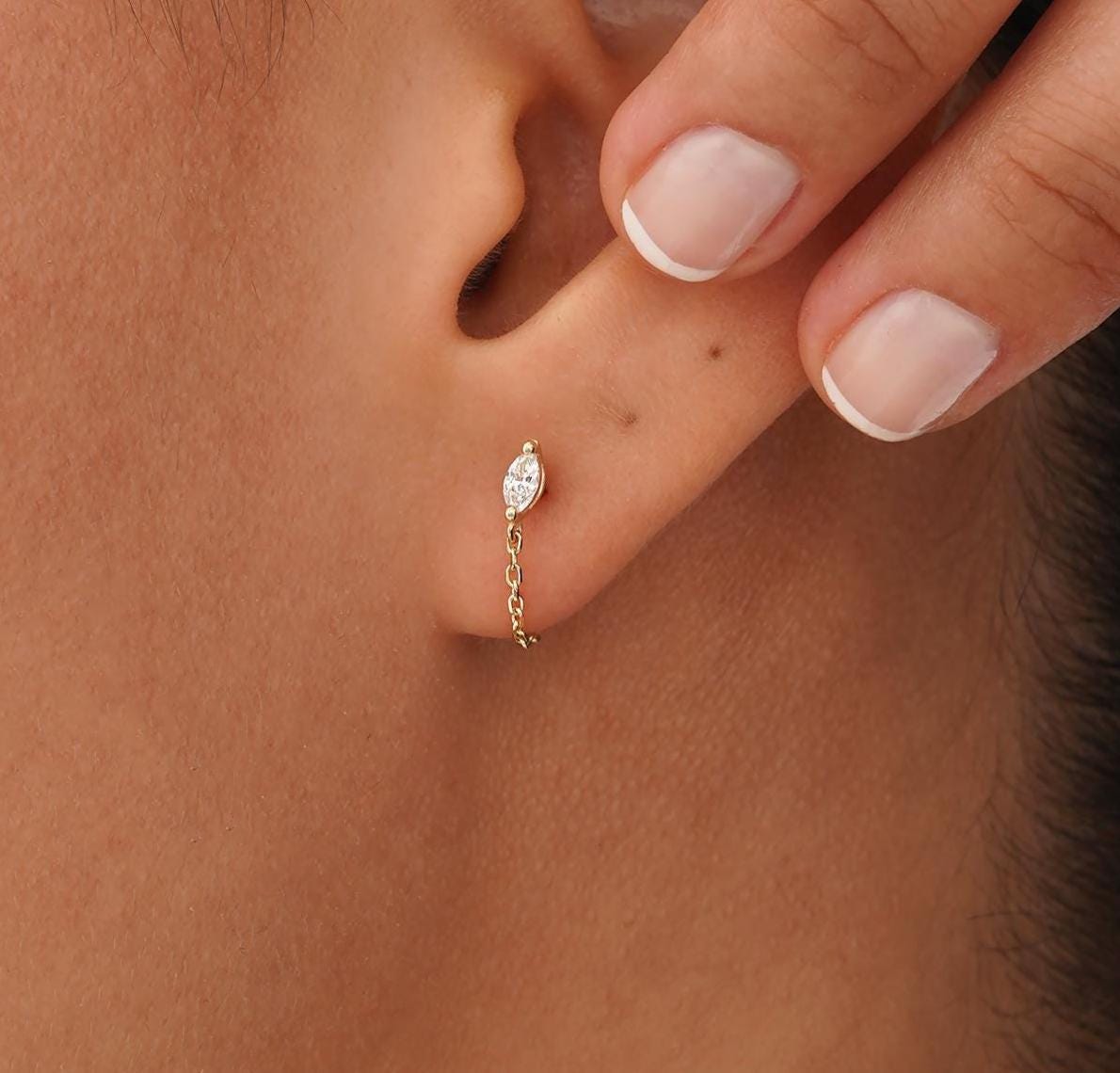 Marquise Diamond Chain Earrings in Solid 10K, 14K or 18K Gold