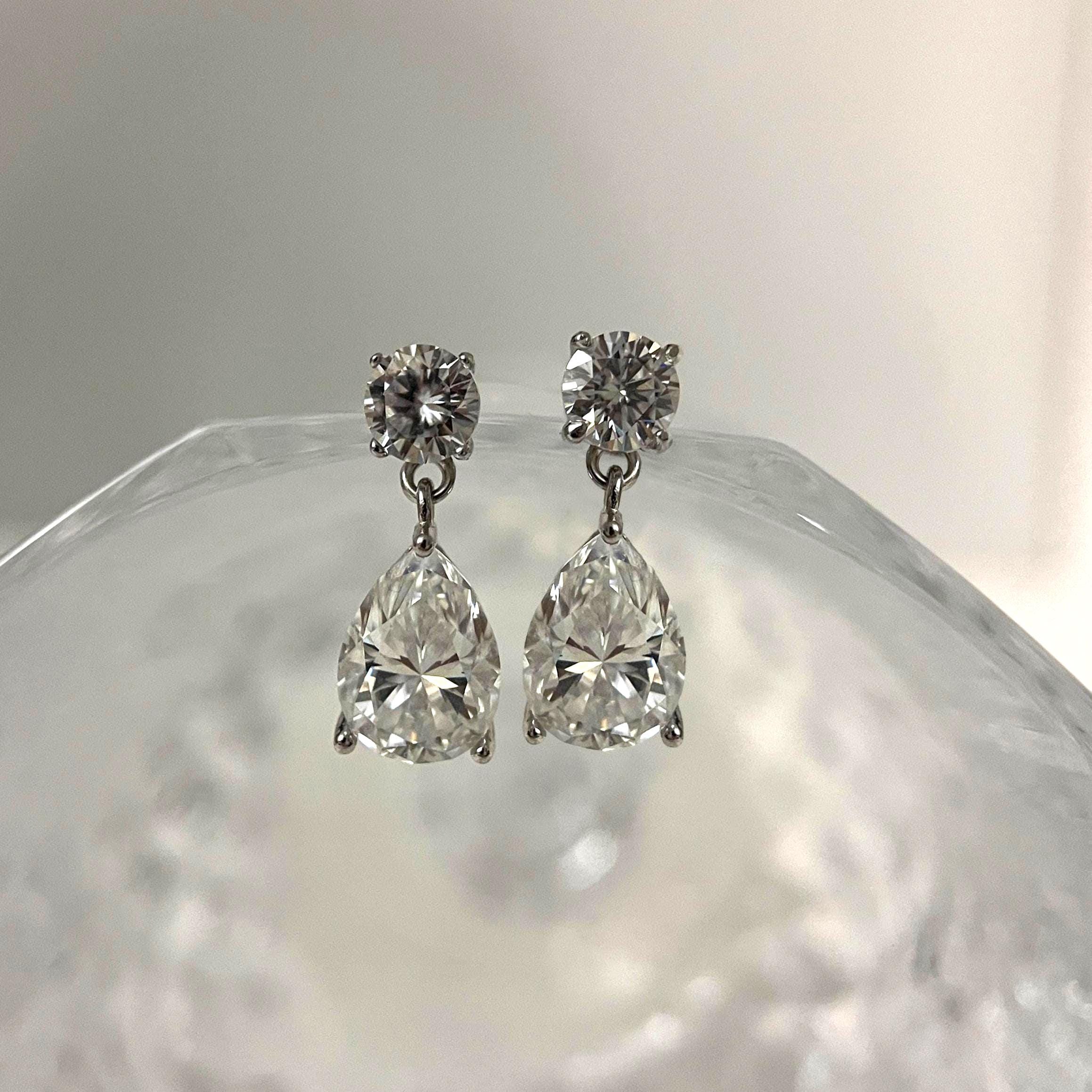Certified Moissanite Double Drop Earrings with a Round Stud and Pear Drop