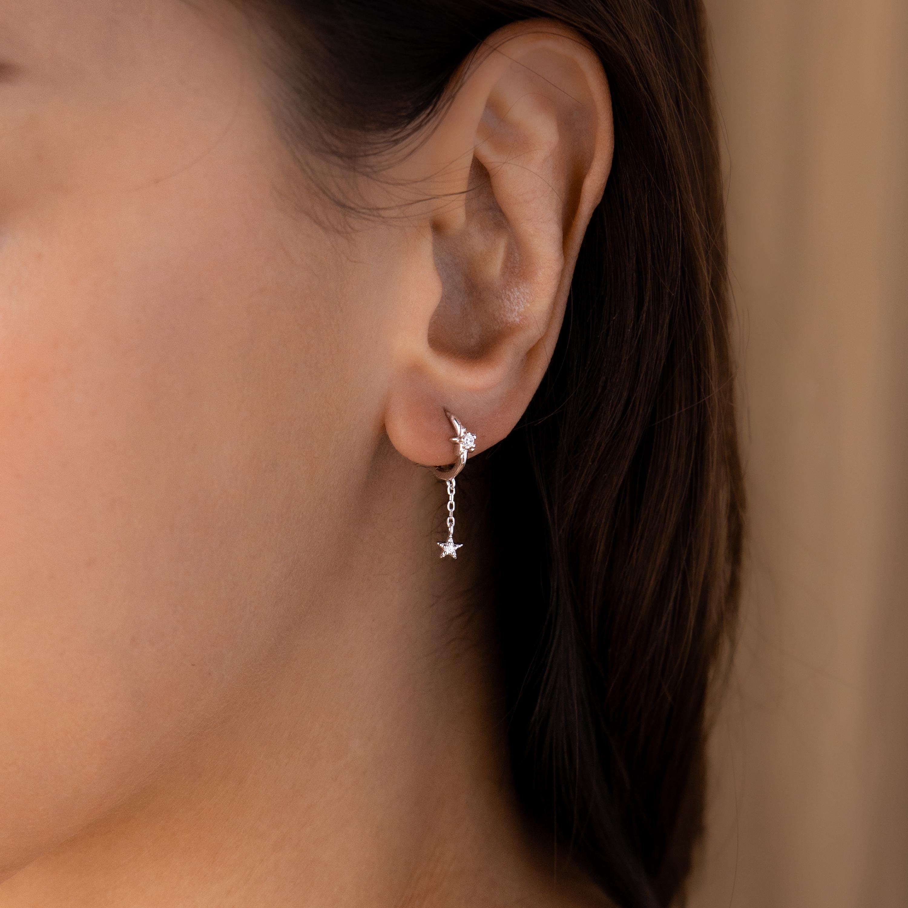 Star Drop Chain Huggie Earrings in 18K Gold Over Brass