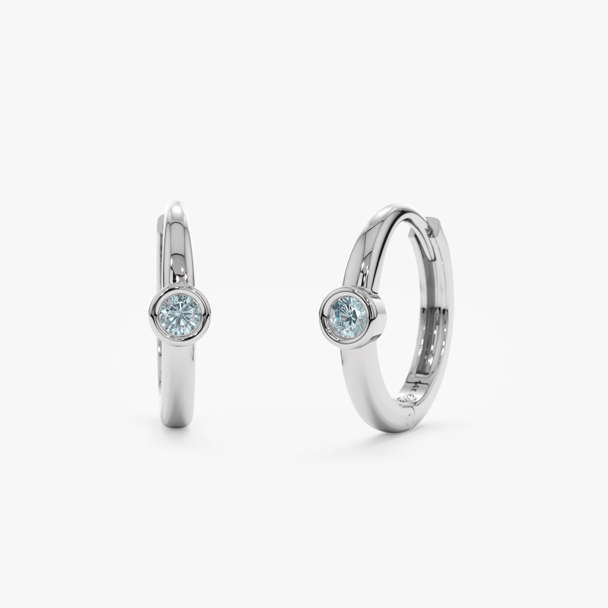 14K Solid Gold Aquamarine Huggie Hoop Earrings with Bezel Setting