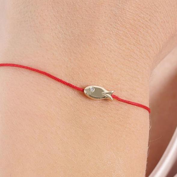 14K Solid Gold Fish Bracelet with Diamond Eye on Red Cord