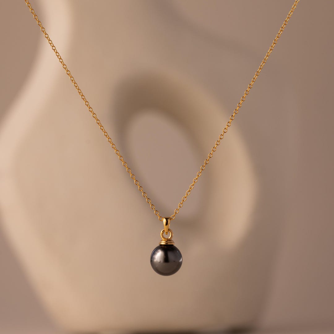 Black Pearl Drop Necklace in Sterling Silver, Adjustable Chain