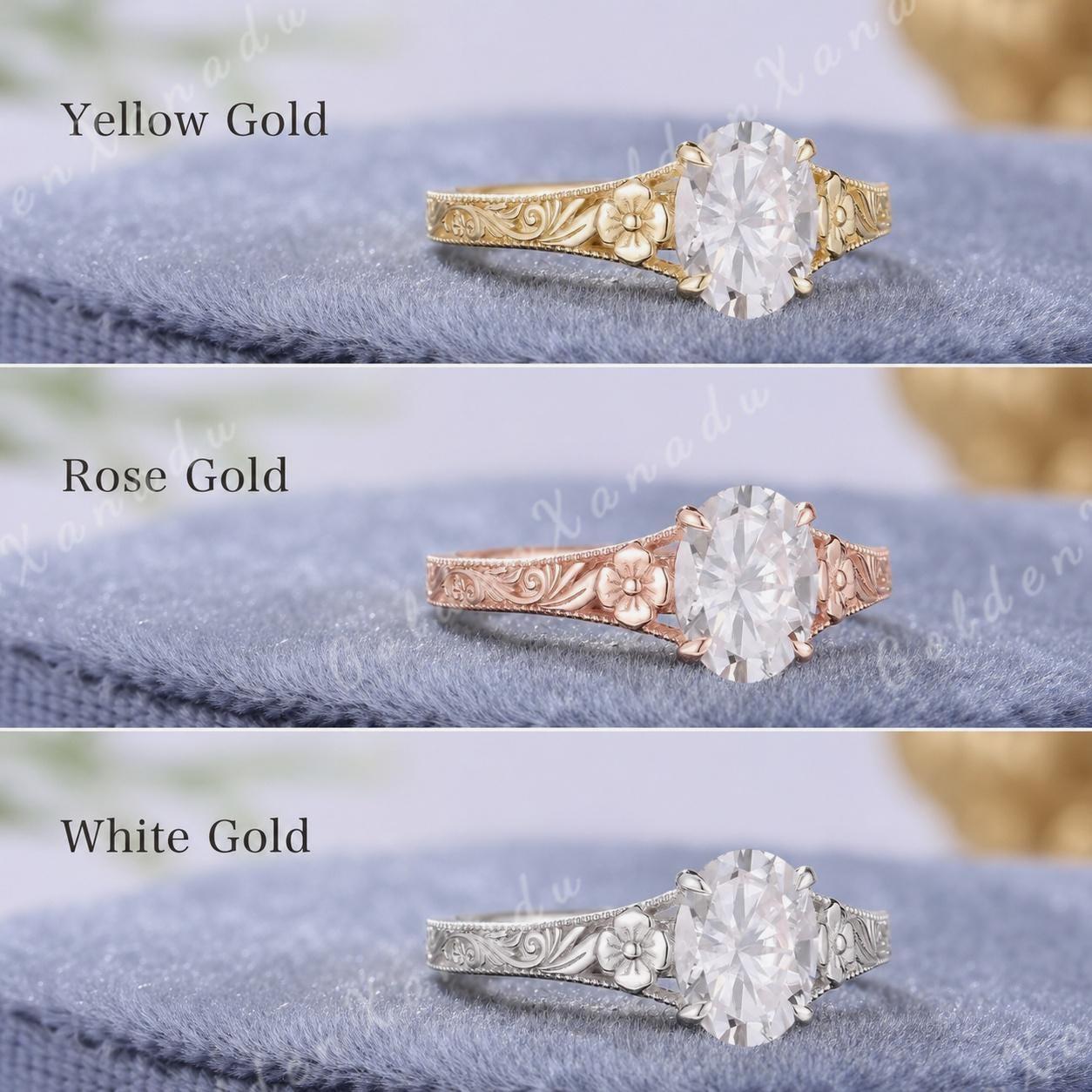Vintage Floral Moissanite Engagement Ring, Oval Cut