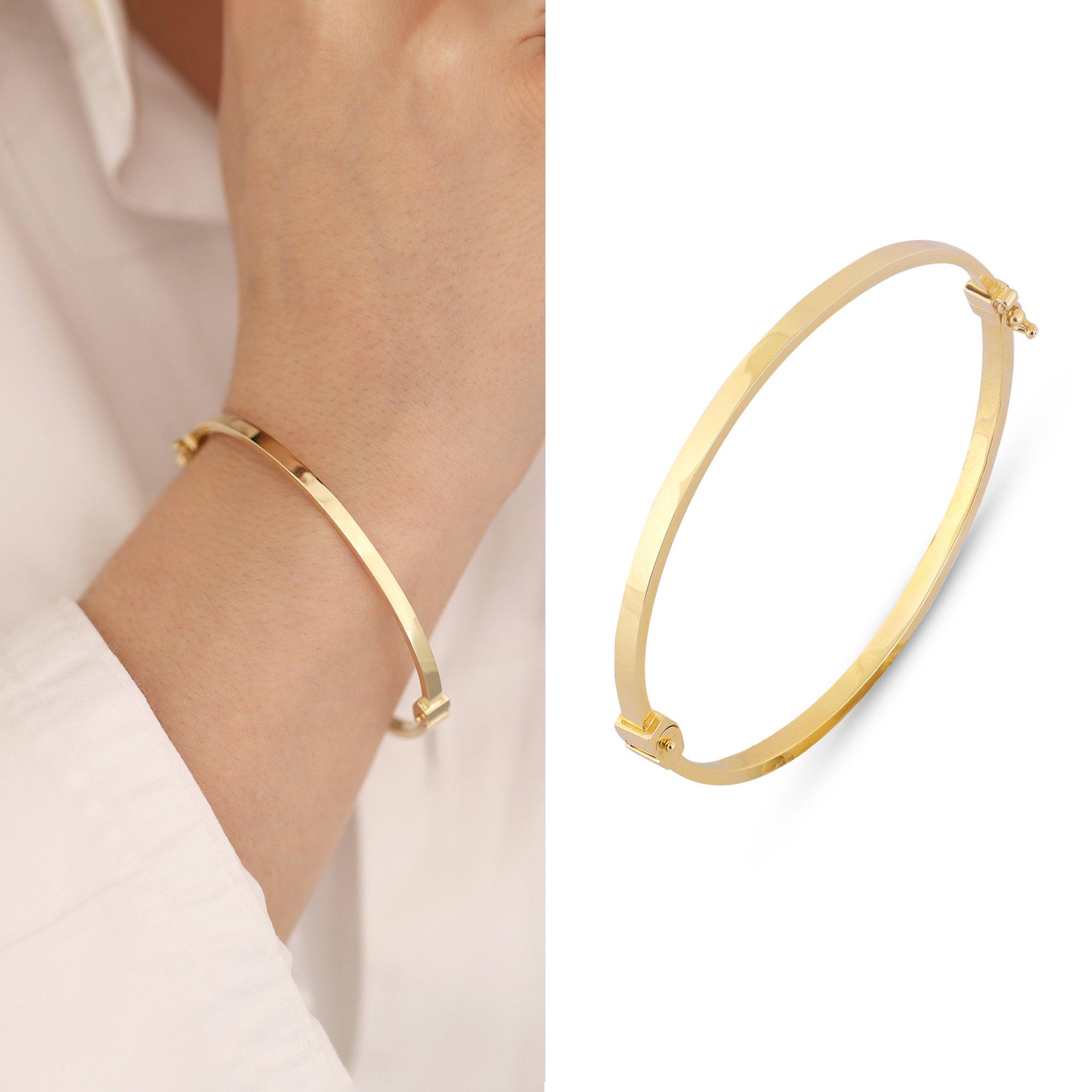 14K Gold Oval Hinged Bangle, 3mm Engraved Cuff