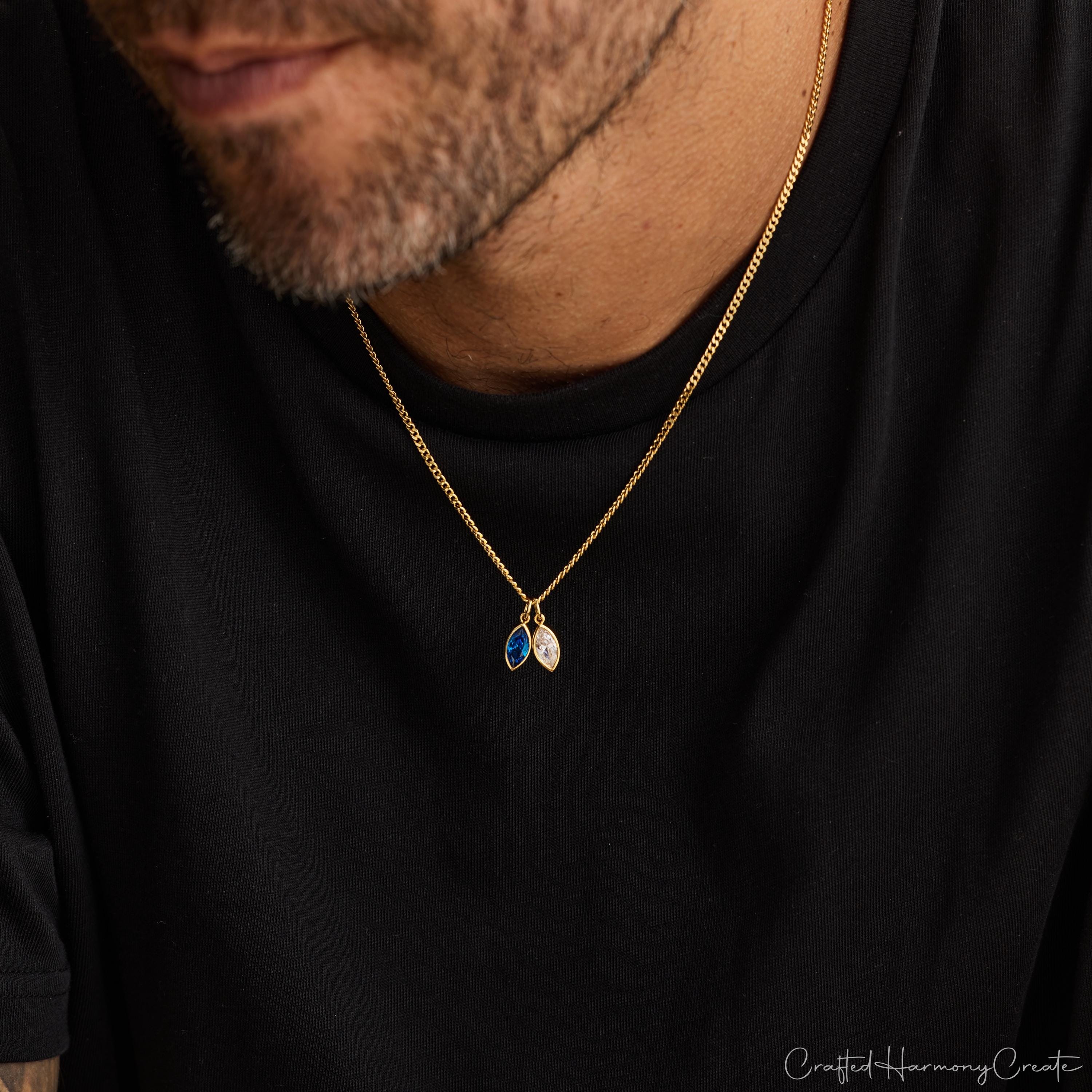 Custom Birthstone Necklace for Him with Leaf Pendant and Cubic Zirconia