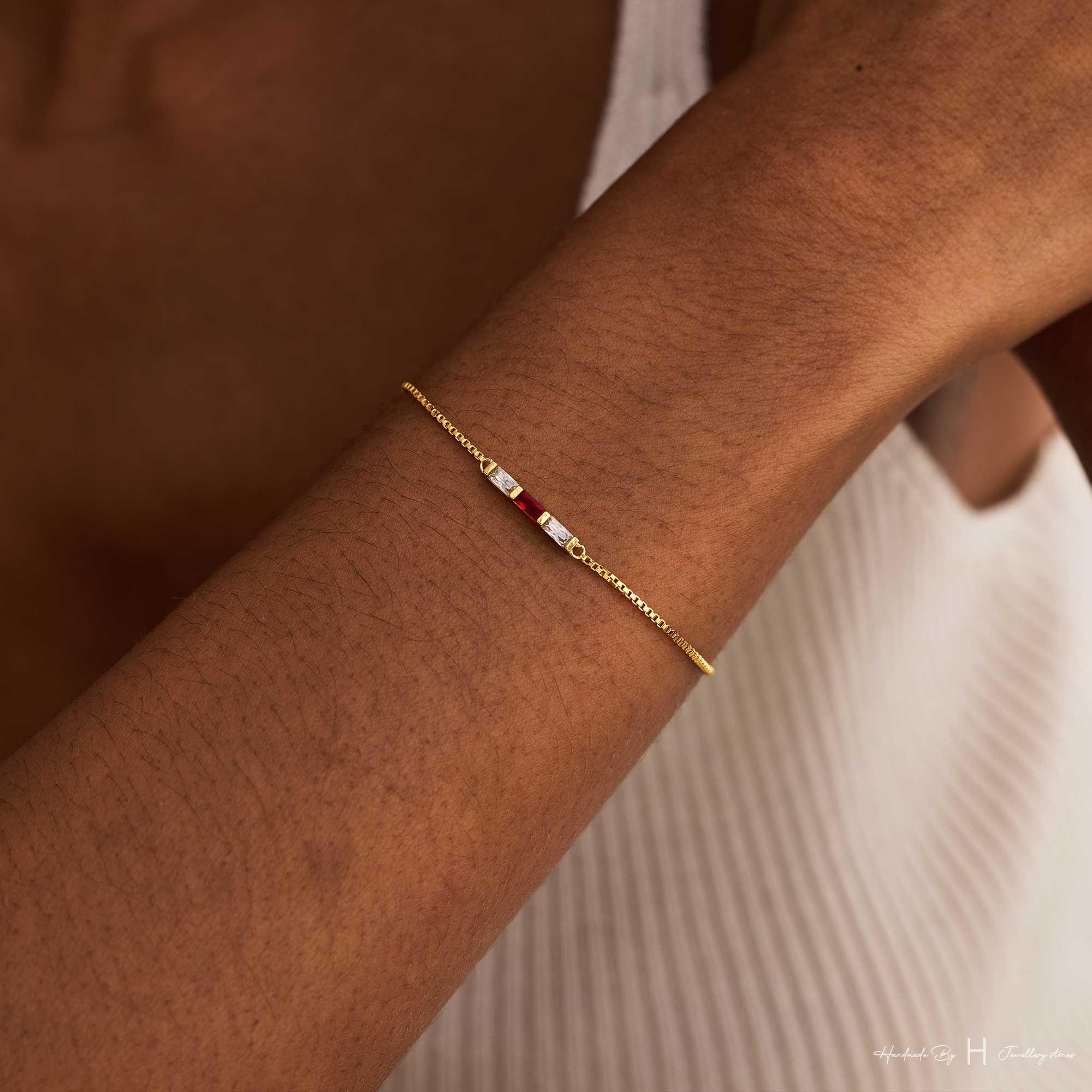 Custom Baguette Birthstone Bracelet in Rose Gold or Silver Plated Copper