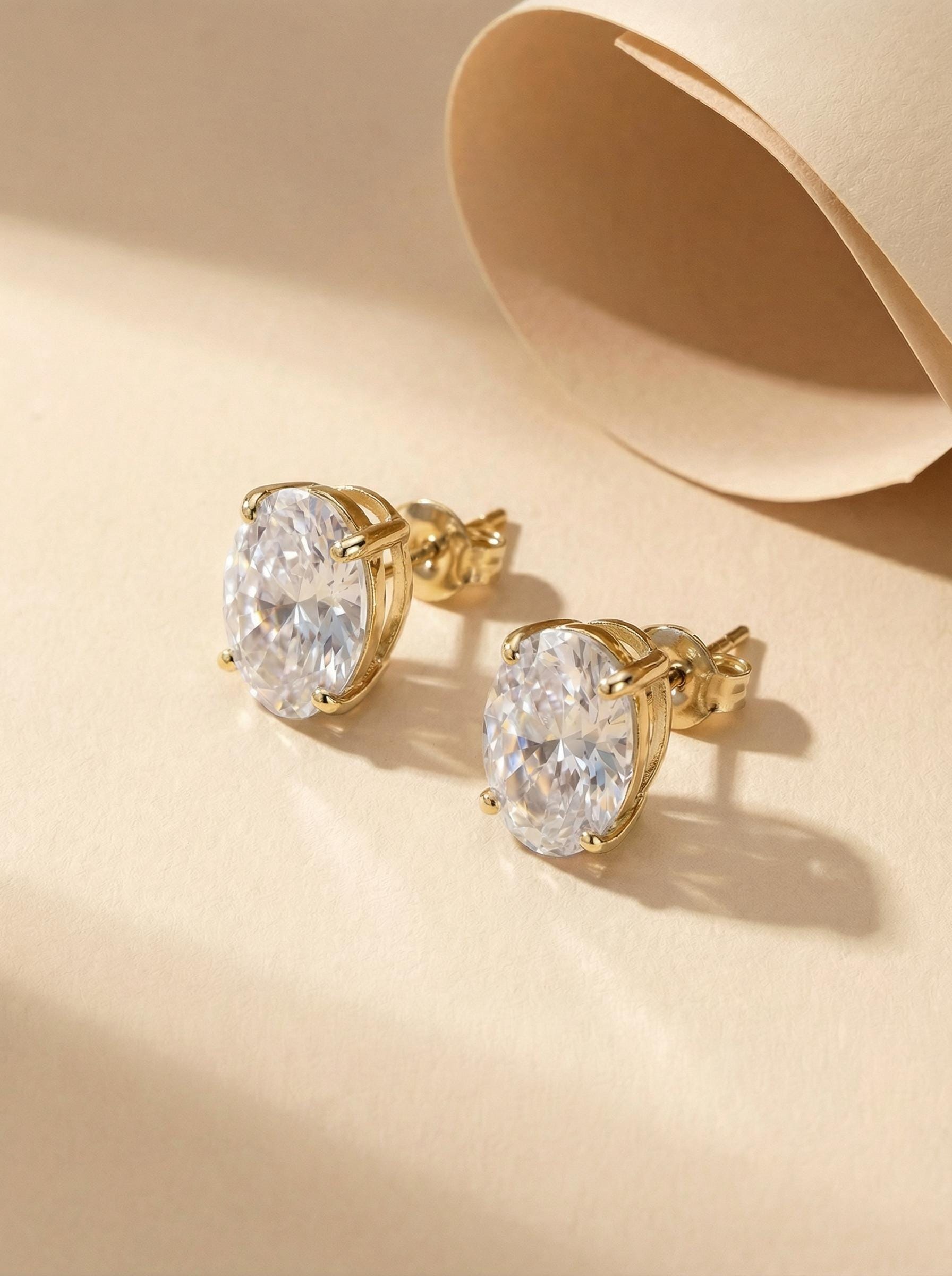 Oval Moissanite Stud Earrings in Sterling Silver or Solid Gold