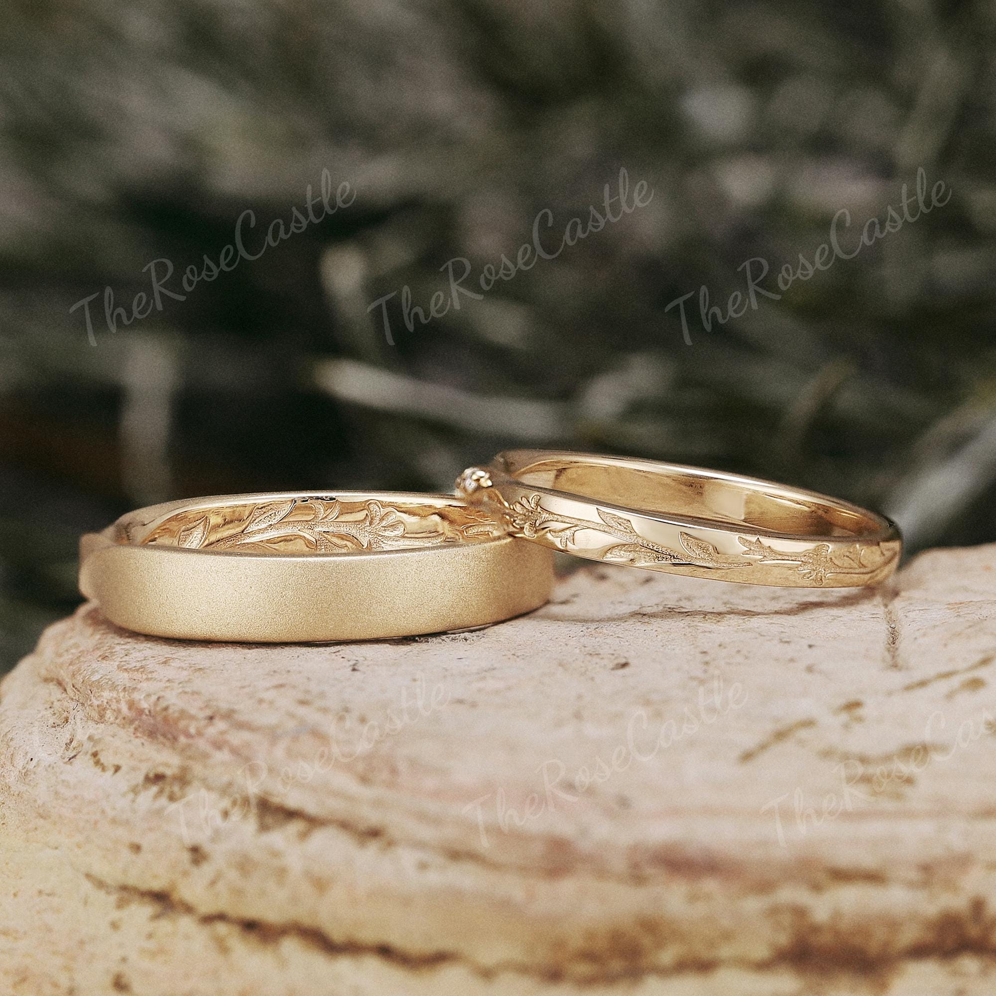 14K Solid Gold Leaf Engraved Moissanite Couple Wedding Band Set