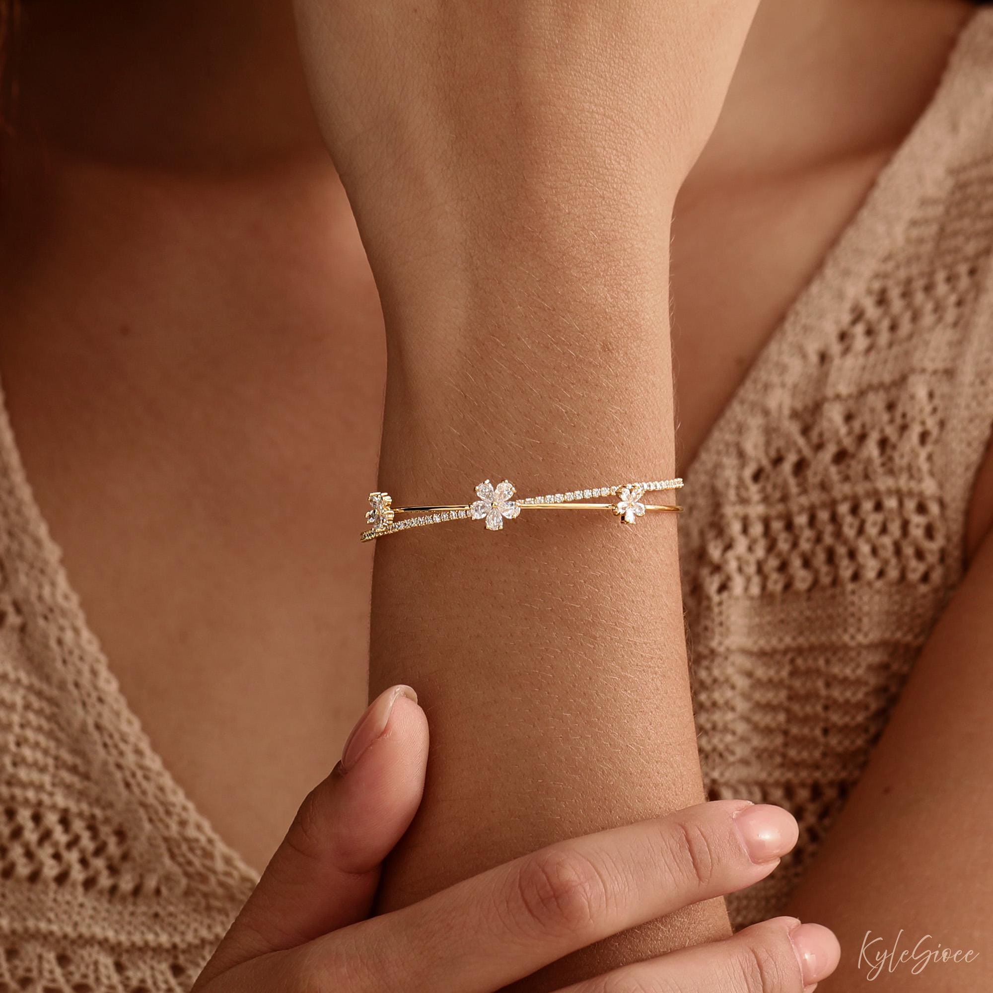 Minimalist Cubic Zirconia Flower Open Cuff Bangle