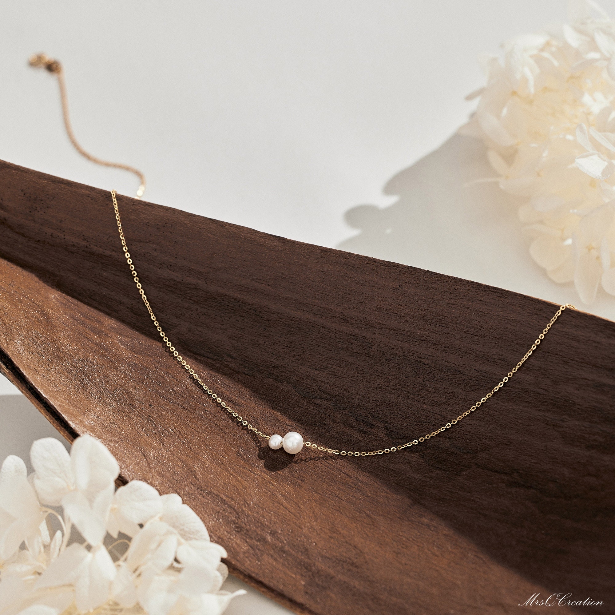Minimalist Freshwater Pearl Necklace with Two Round Pearls