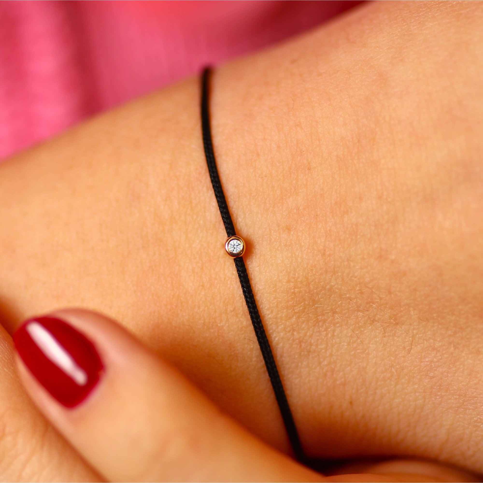 14K Solid Gold Diamond String Bracelet on Silk Thread